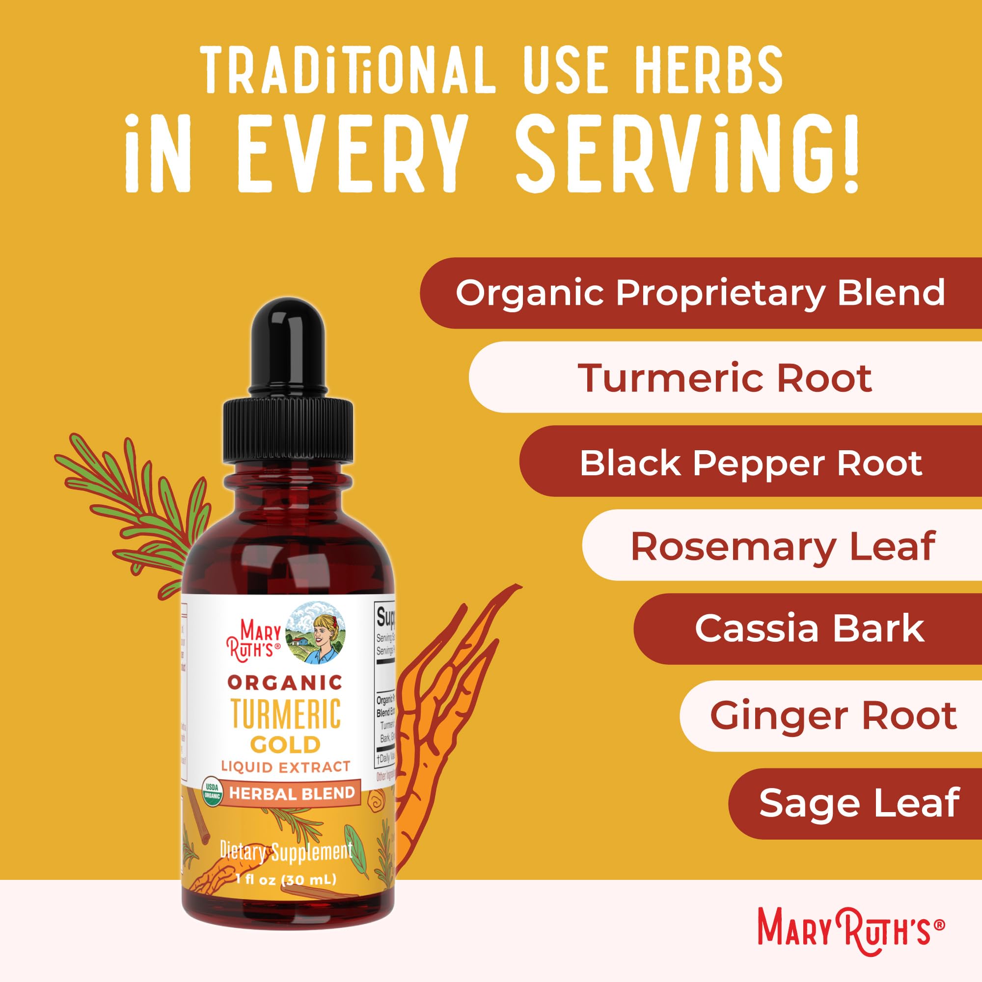 MaryRuth Organics USDA Turmeric Gold Liquid Drops | Herbal Blend | Turmeric Curcumin | Black Pepper | Cassia Cinnamon Bark | Ginger Root | Immune Support | Non-GMO Project Verified | Vegan | 1oz MARYRUTH'SUS supplements
