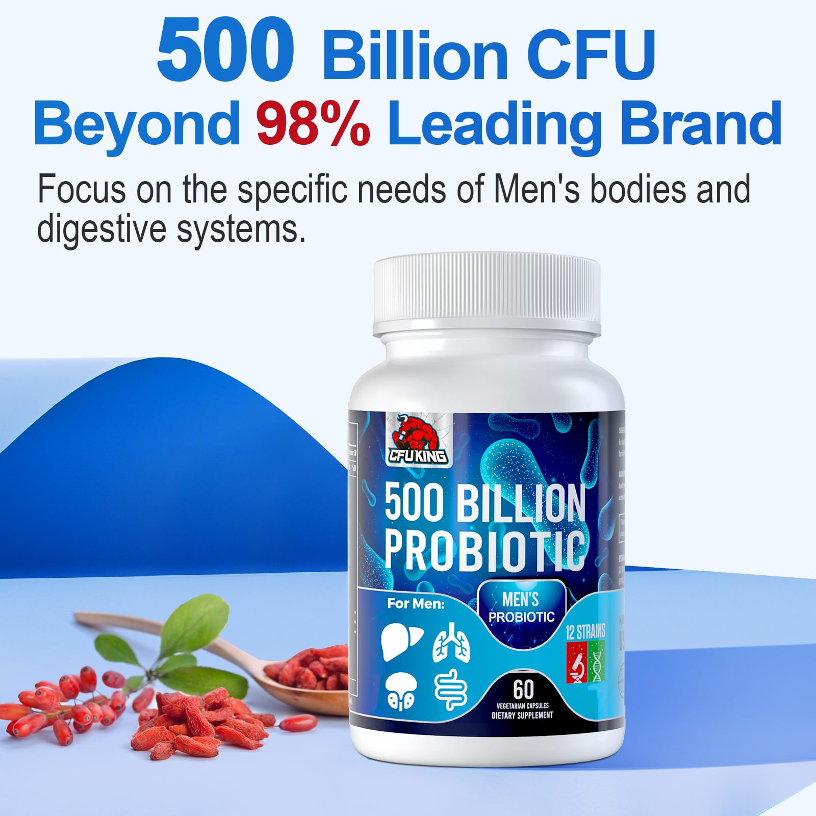 Probiotics for Men, 500 Billion CFU & 12 Mens Probiotic for Digestive Health + 4 Organic Prebiotic Fiber, for Digestive, Gut, Immune Health, Bloating, Gas, Energy Support, Shelf Stable - 120 Capsules CFUKINGAu supplements