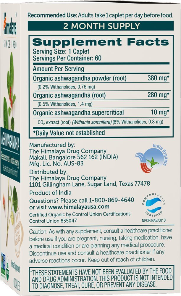 Himalaya Organic Ashwagandha Root, 120 Day Supply - Herbal Adrenal Support Supplements for Stress Relief and Energy Support - USDA Organic, Non-GMO, Vegan, Gluten Free, 60 Caplets, 2 Pack HimalayaAu supplements