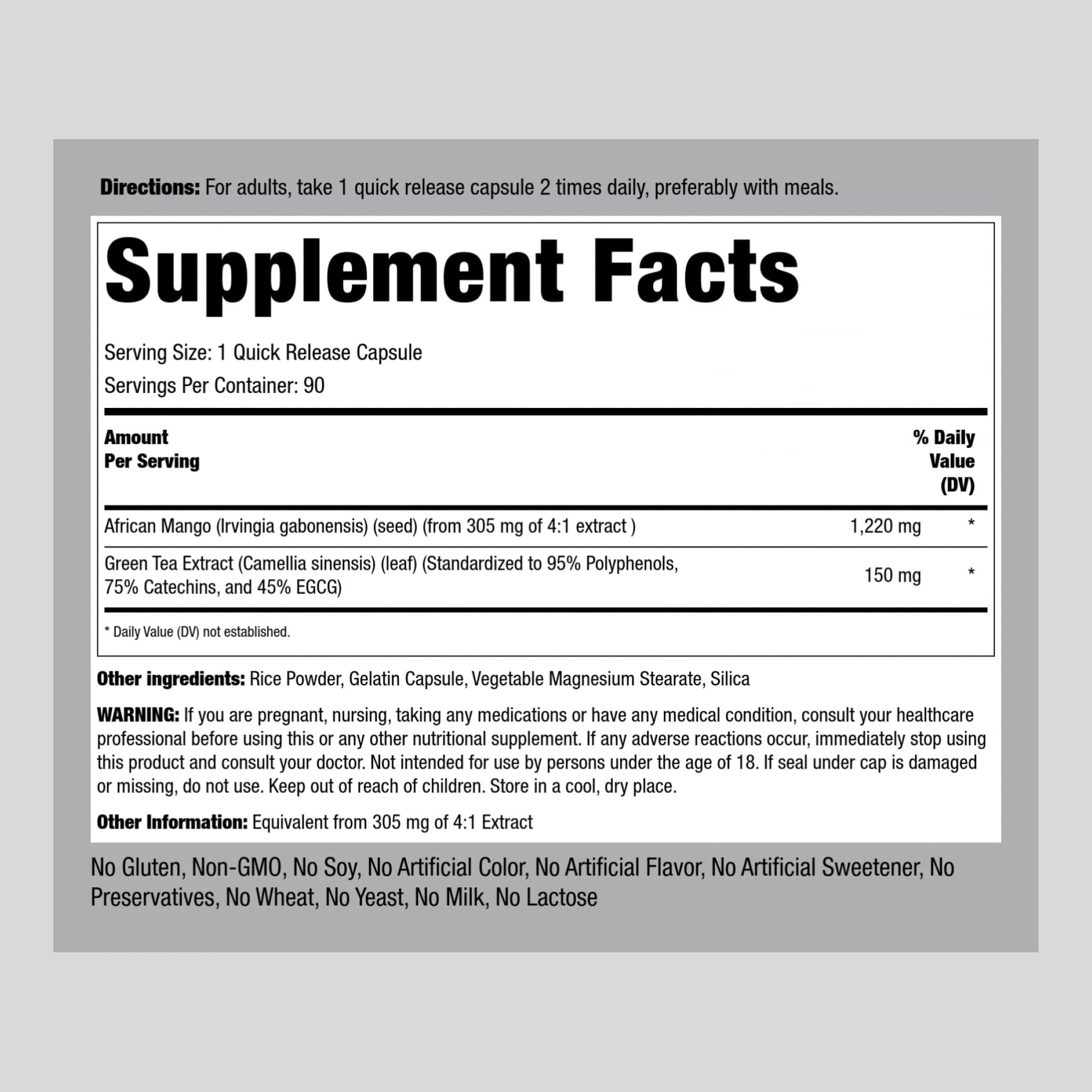 Piping Rock African Mango Seed Extract 1220 mg | 90 Capsules | with Green Tea | Extra Strength Piping RockAu supplements