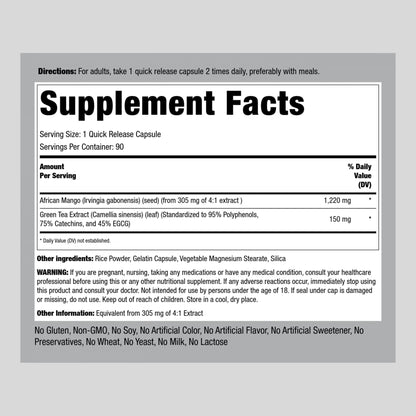 Piping Rock African Mango Seed Extract 1220 mg | 90 Capsules | with Green Tea | Extra Strength Piping RockUS supplements