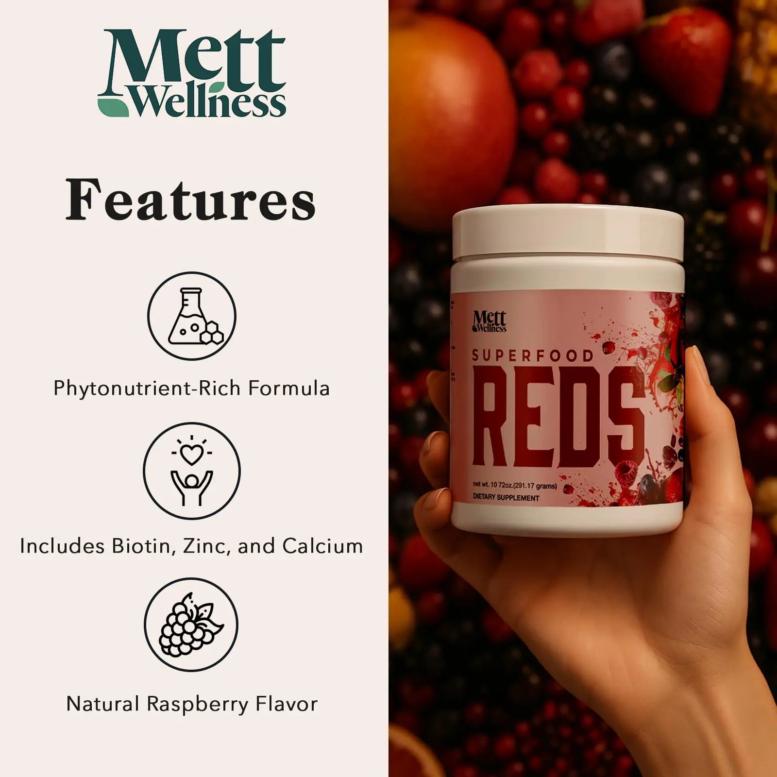 Mett Wellness Superfood REDS | 10.72 oz | With Vitamins A, C & E | Helps Maintain Nitric Oxide Levels | Supports Daily Wellness Mett Wellnessnz supplements