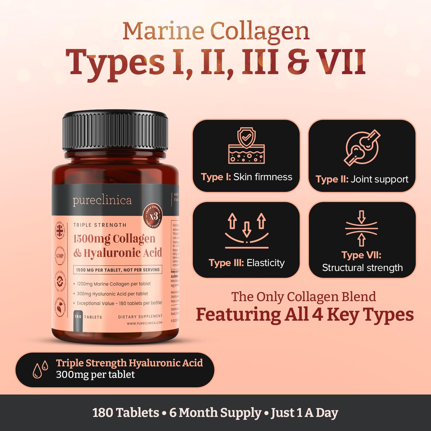 pureclinica 1500mg UltraColl Collagen (1200mg) and Hyaluronic Acid (300mg) x 180 Tablets - 6 Months Supply