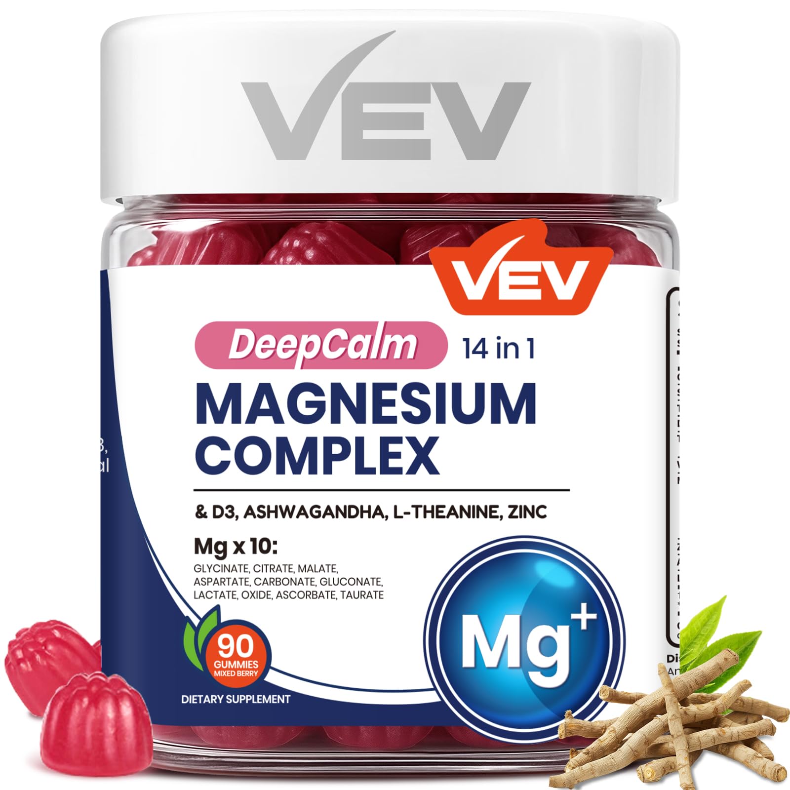 VEV Deep Calm Magnesium Complex 14-in-1 Gummies with Ashwagandha, L-Theanine, Vitamin D3 & Zinc for Women and Men, Vegan Magnesium Glycinate Gummies, 90 Gummies, Pack of 1 VEVAu supplements