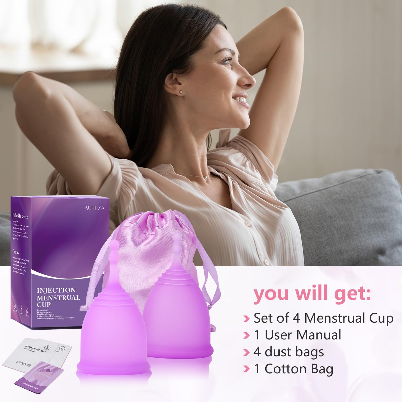 AURUZA Menstrual Cups, Set of 2 Reusable Period Cups Kit for Girls & Women, Silicone Soft Cups AURUZAAu supplements