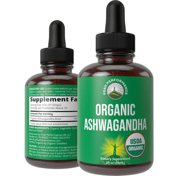 Ashwagandha Liquid Drops. USDA Organic Vegan Supplement. Extra Strength Ashwagandha Root Extract for Women, Men, Kids. with Adaptogens. Zero Sugar, Organic, Gluten Free Tincture Supplements. Peak PerformanceAu supplements