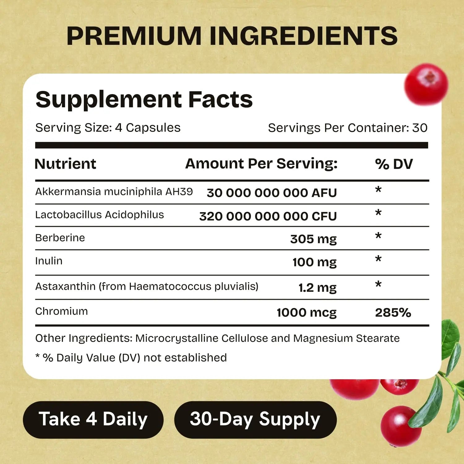 Akkermansia Muciniphila Probiotics 320 Billion CFU| Probiotic and Prebiotic | Akkermansia Probiotics for gut health | Inulin Prebiotic Fiber Capsules Astaxanthin & Berberine & Chromium | 120 capsules Stanis LabsAu supplements