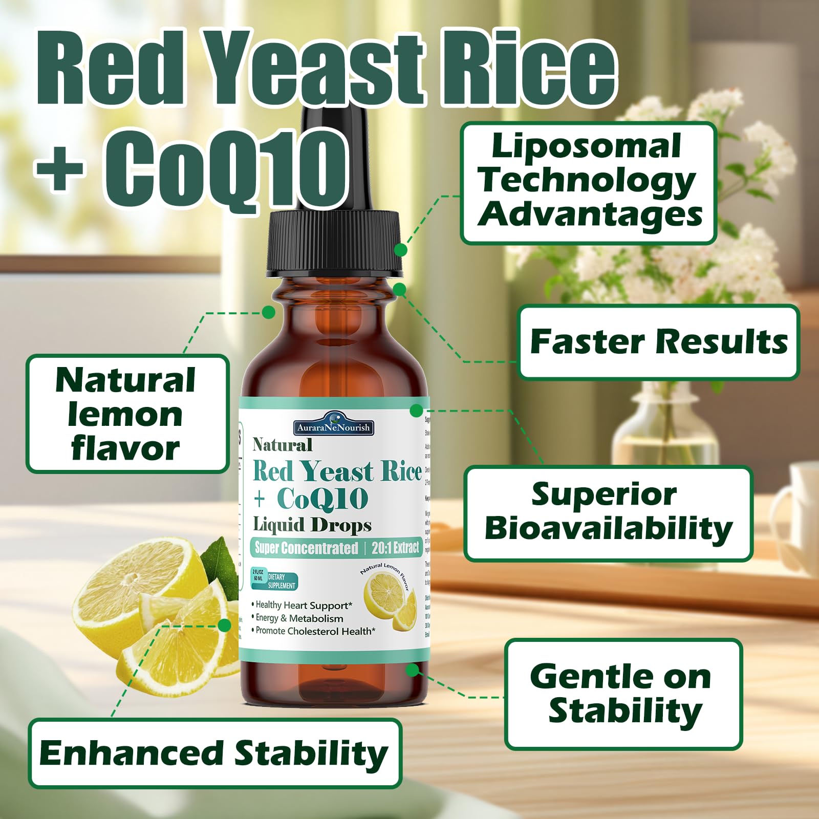 Liposomal Red Yeast Rice with Coq10 Liquid Drops, 5-in-1 Extra Strength 1200mg Cholesterol & Heart Support w. Citrus Bergamot Alpha Lipoic Acid | Cholesterol Lowering Supplement | GMO & Citrinin Free AuraraNeNourishAu supplements
