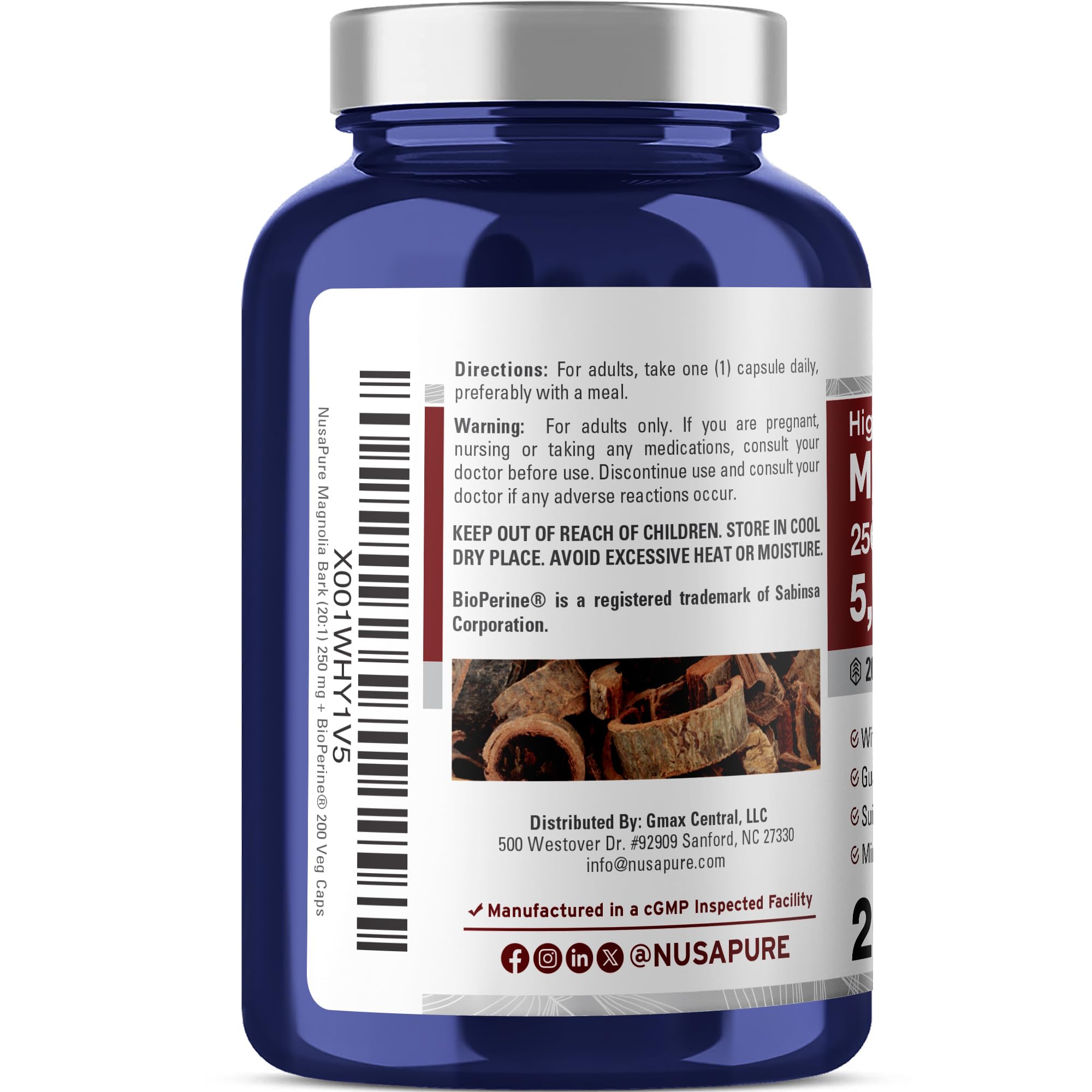 NusaPure Magnolia Bark 20:1 Extract, 250 mg Equivalent to 5,000 mg 200 Vegan Vegetarian Capsules Non-GMO NusaPureAu supplements