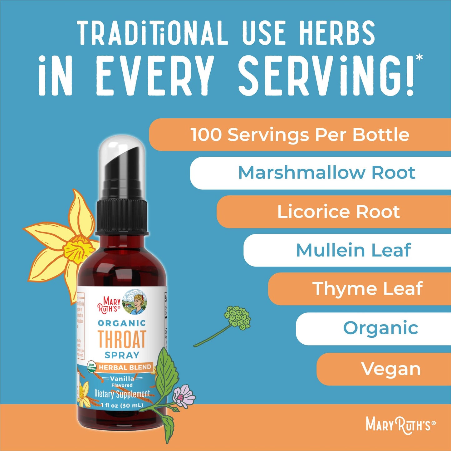 MaryRuth Organics USDA Organic Throat Spray with Mullein Leaf | Marshmallow Root & Licorice Root & Thyme Leaf | Vanilla | 4 Herbal Blend | Non-GMO | Vegan | Gluten Free | 1 Fl Oz | Up to 100 Servings MARYRUTH'SUS supplements