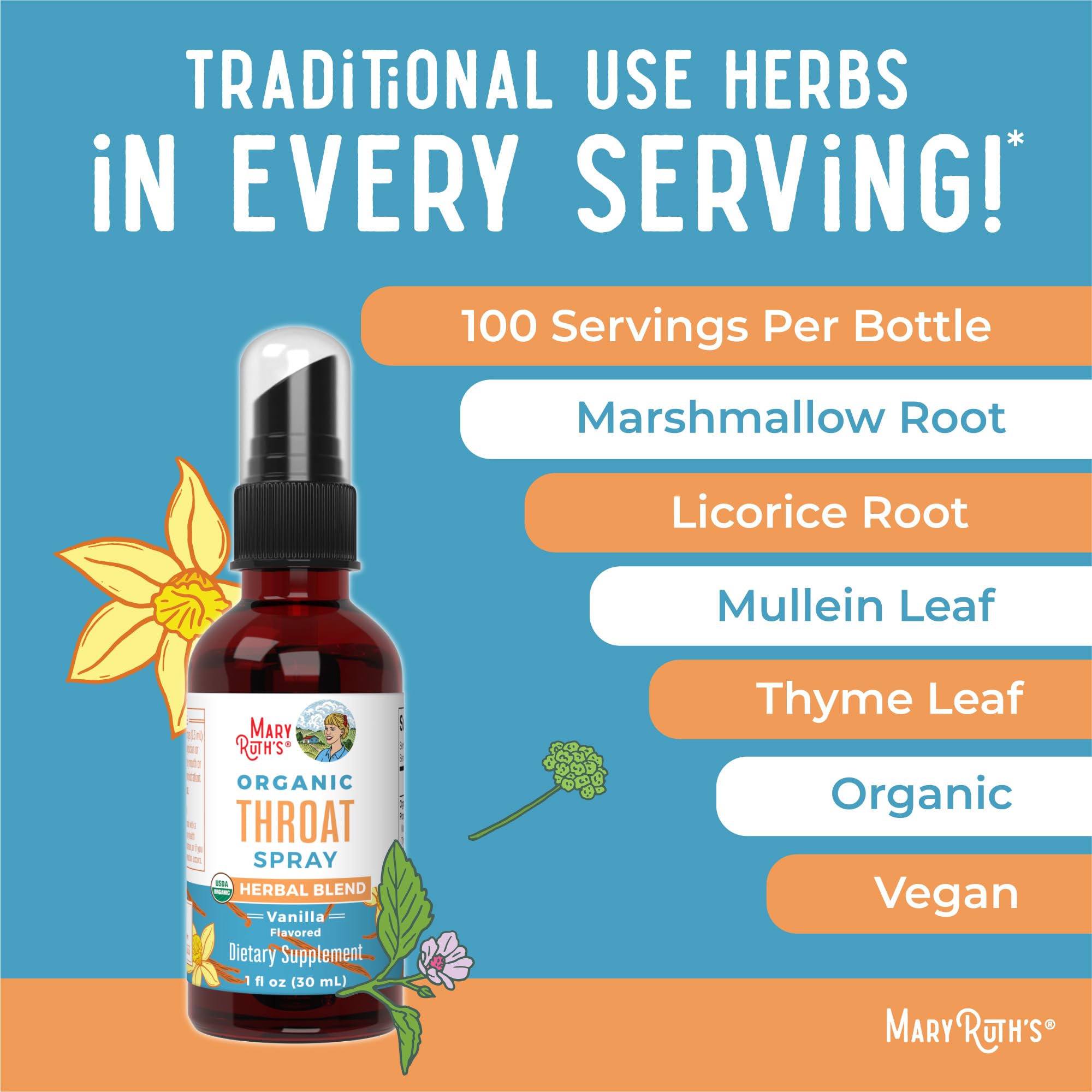 MaryRuth Organics USDA Organic Throat Spray with Mullein Leaf | Marshmallow Root & Licorice Root & Thyme Leaf | Vanilla | 4 Herbal Blend | Non-GMO | Vegan | Gluten Free | 1 Fl Oz | Up to 100 Servings MARYRUTH'SUS supplements