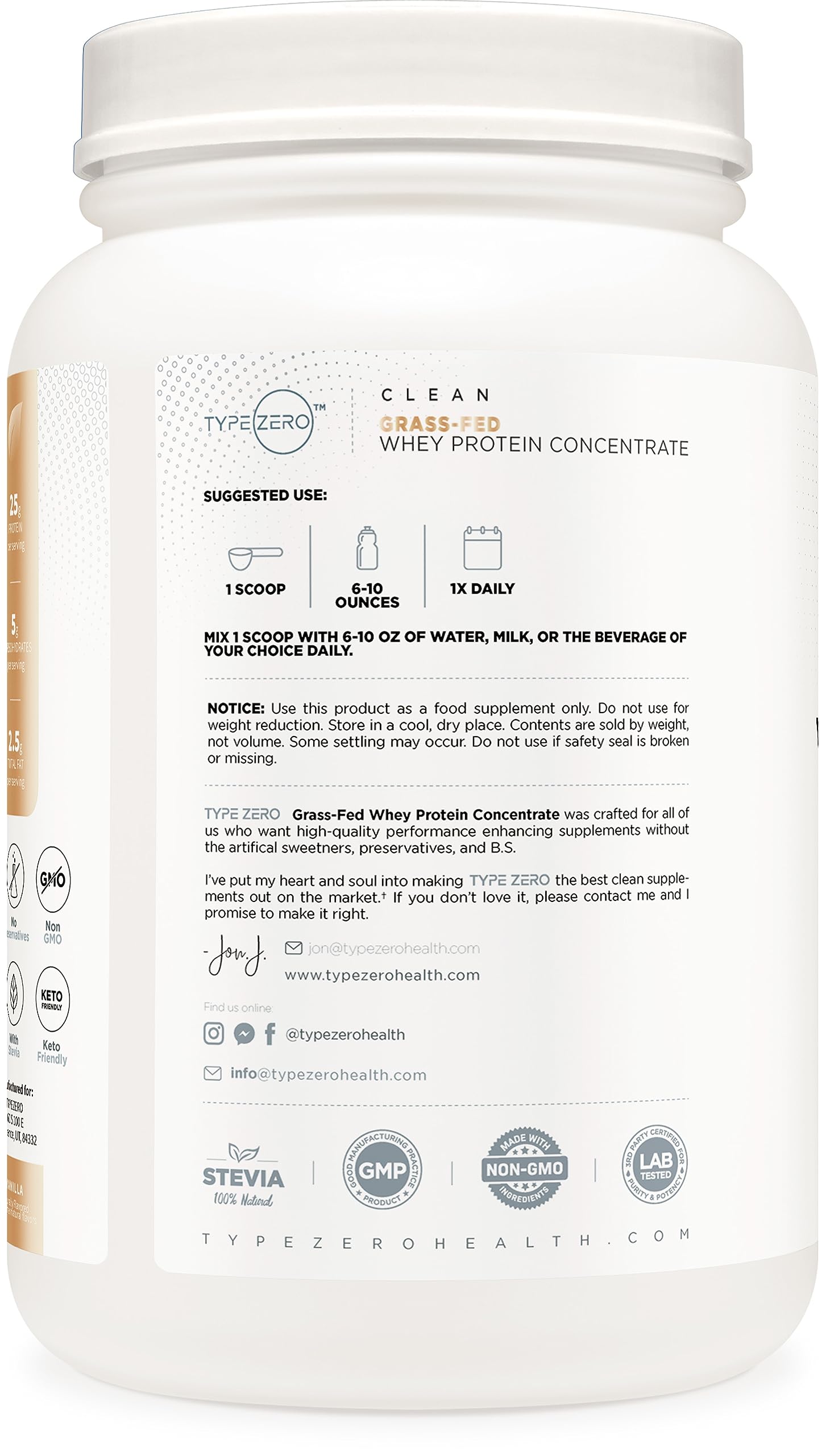 Type Zero Grass Fed Whey Protein Concentrate Powder (Vanilla, 2LBS) - Gluten Free Type ZeroUS supplements