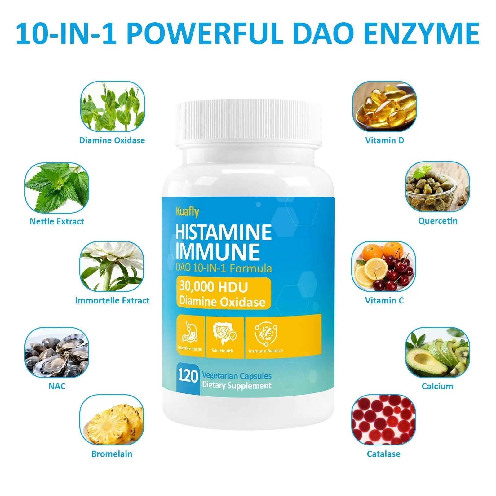 KUAFLY DAO Enzyme Supplements Histamine Blocker 120 Capsules– Natural DAO Supplement with Diamine Oxidase & Quercetin KUAFLYAu supplements