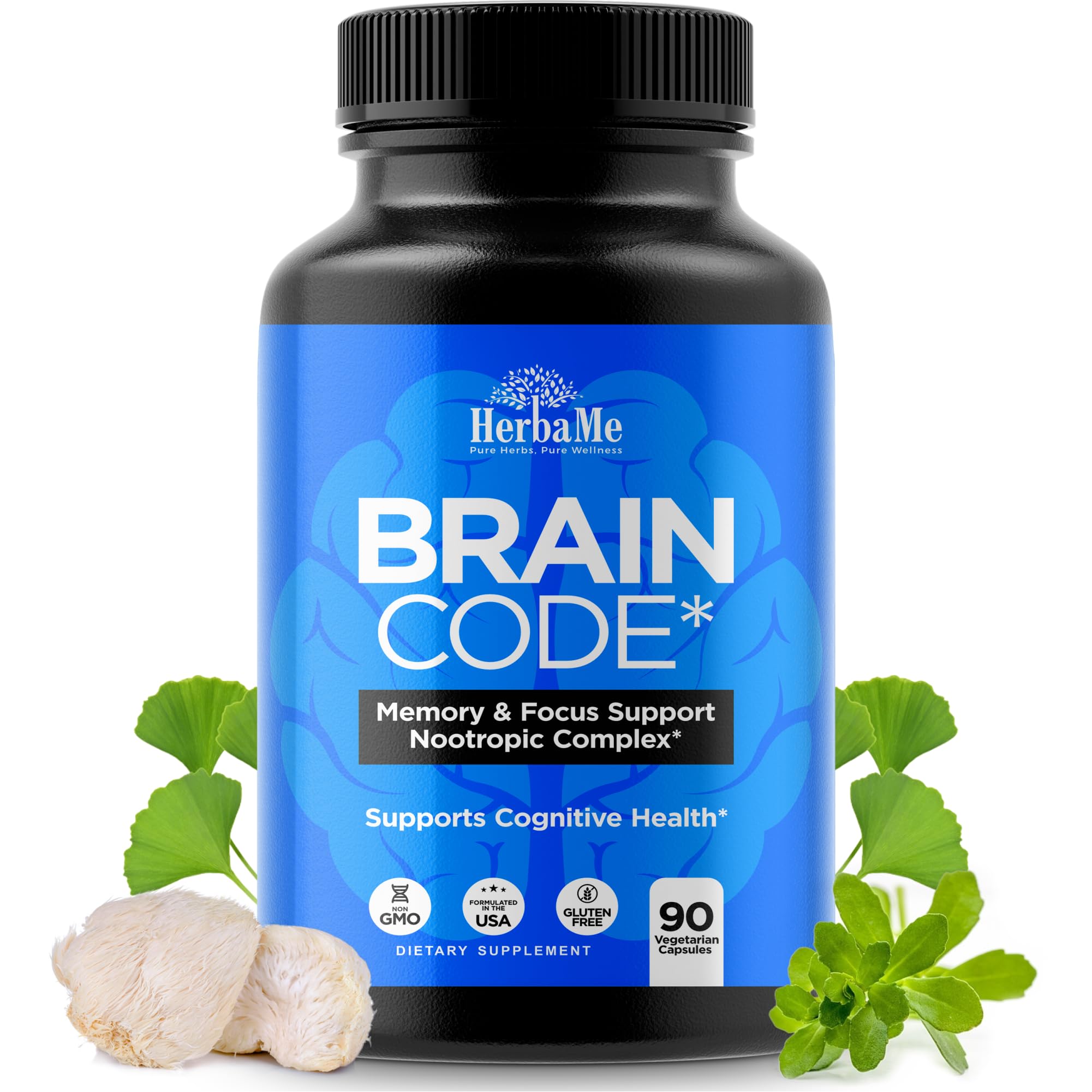 HerbaMe Brain Code Nootropic Brain Supplement for Memory and Focus | Supports Cognitive Health & Mental Clarity, Enhance Concentration | 90 Capsules HerbaMeAu supplements