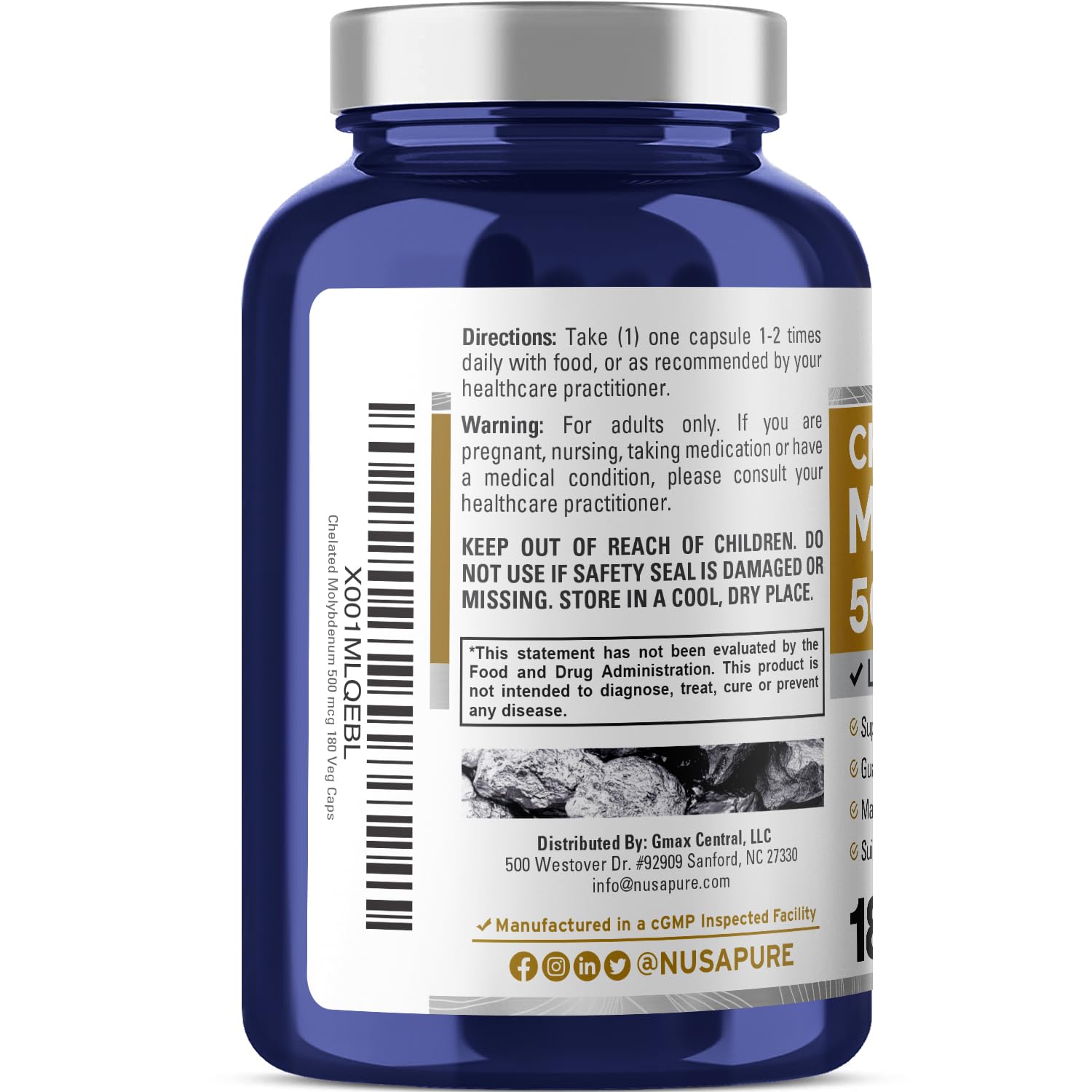 NusaPure Chelated Molybdenum 500 mcg 180 Vegetarian Caps (Vegan, Non-GMO) NusaPureAu supplements
