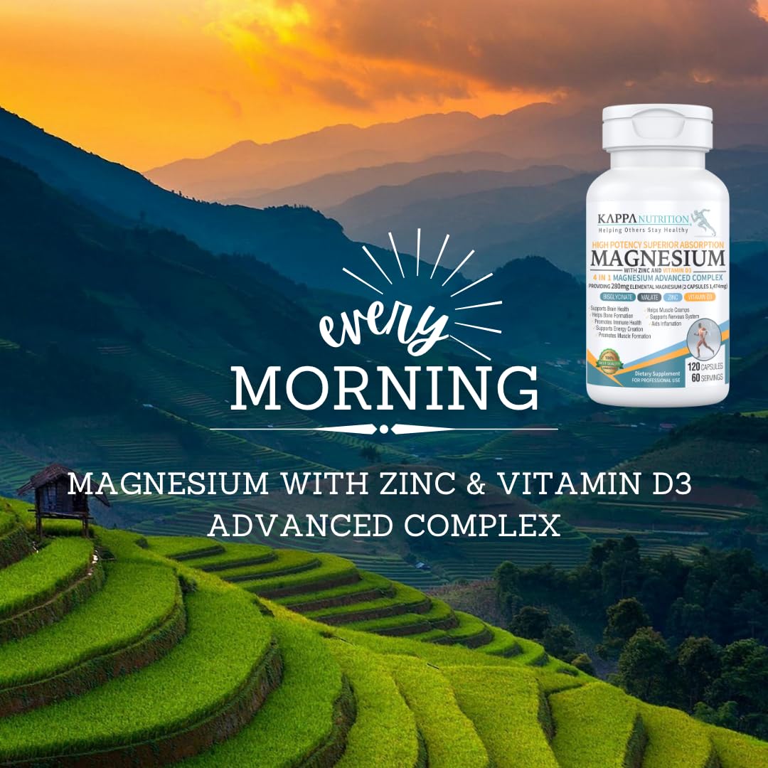 Kappa Nutrition Magnesium 4-in-1, 280mg Elemental Magnesium (Bisglycinate, Malate) + Zinc & Vitamin D3, Brain, Sleep, Energy, Muscle, Immune Support, 120 Vegan Capsules. KAPPA NUTRITIONAu supplements
