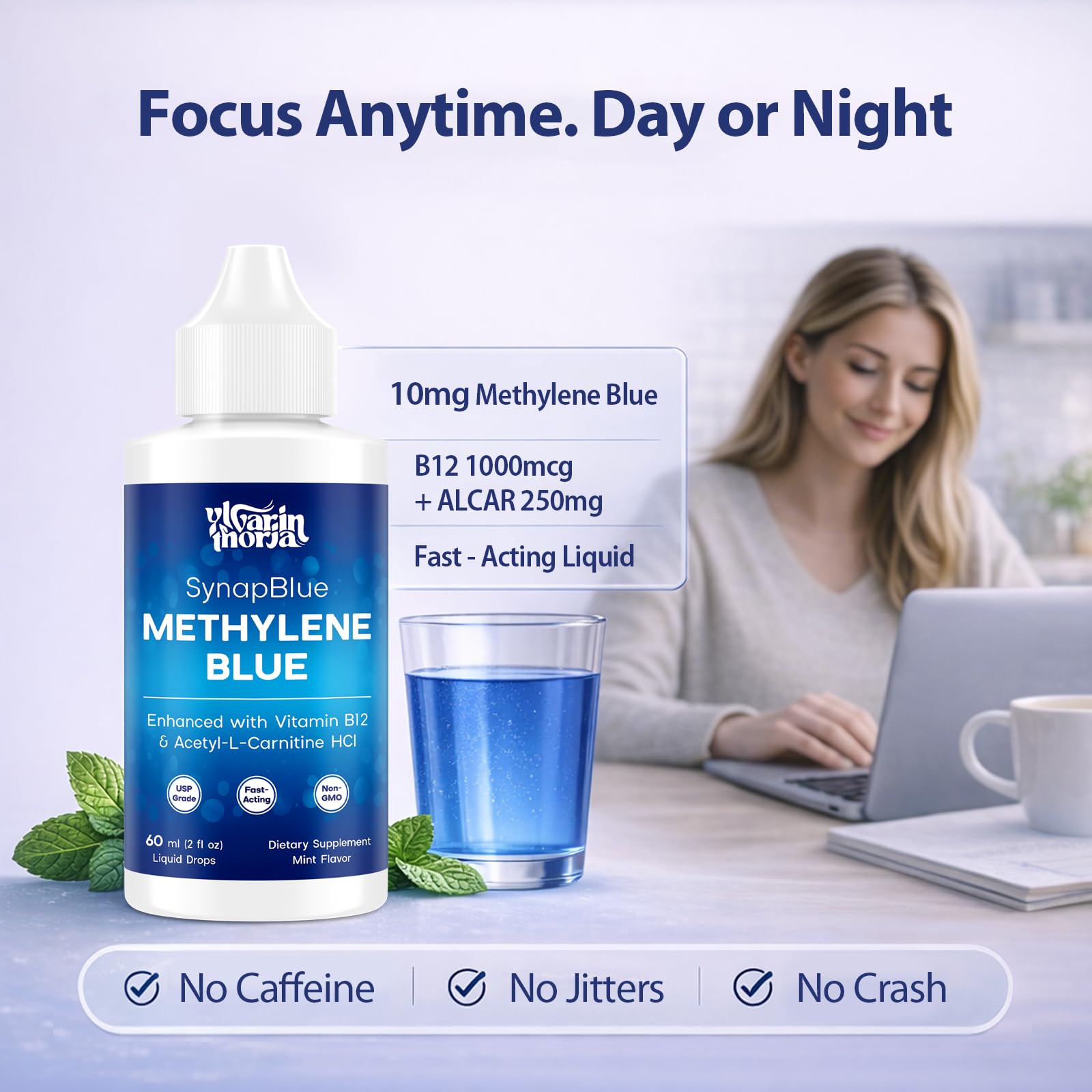 Methylene Blue Drops for Humans, 1% USP Grade – Dropper-Free No-Touch Bottle, Brain Supplement for Memory and Focus – Fast-Acting Nootropic with Methyl B12 & ALCAR – Caffeine-Free, Mint Flavor, 2oz YLVARIN THORIAAu supplements