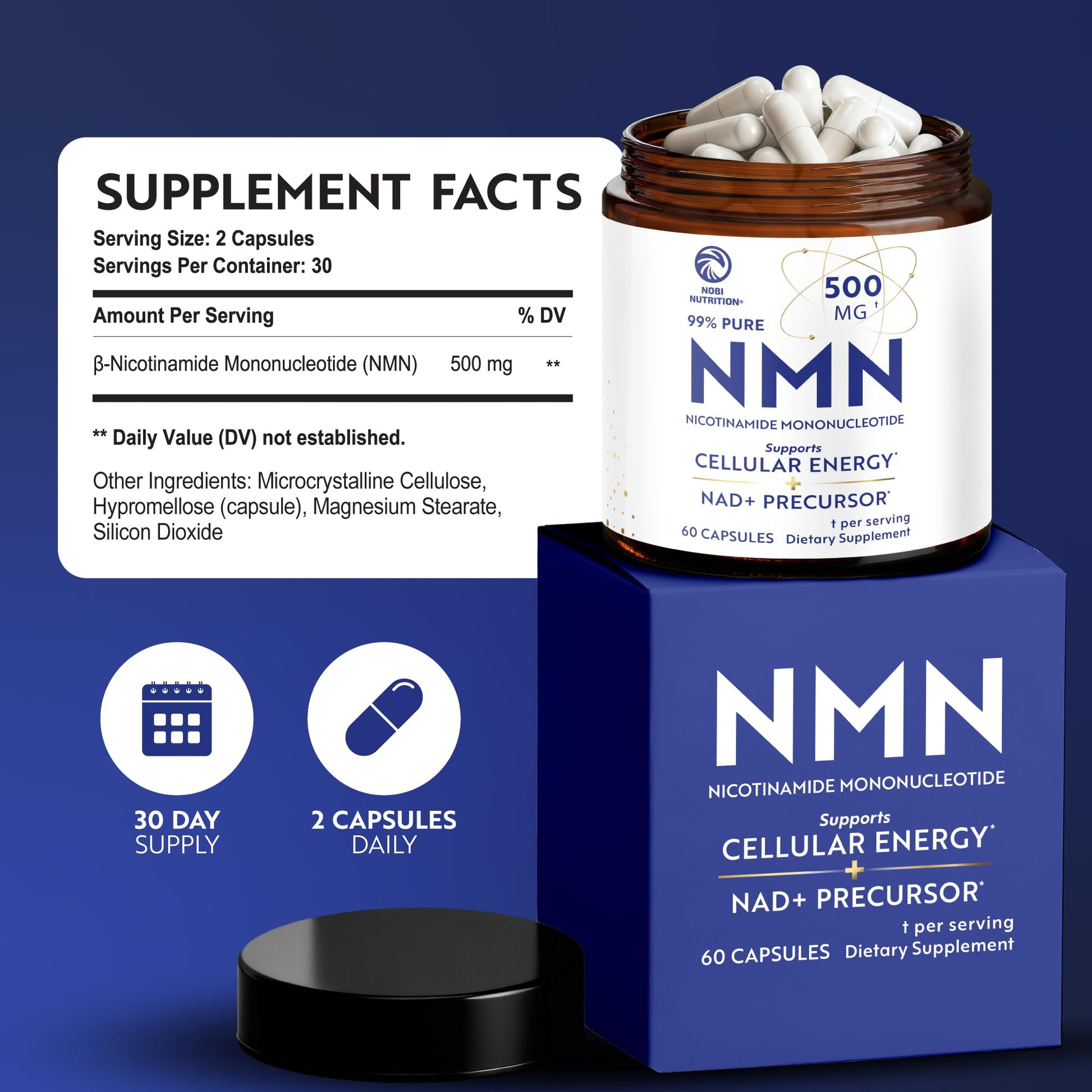 NMN Supplement 500mg | 99% Pure | NAD+ Precursor for Cellular Energy, Longevity, Repair, and Healthy Aging Support | Third-Party Tested & Non-GMO | Nicotinamide Mononucleotide | 60 NMN Capsules Nobi NutritionAu supplements
