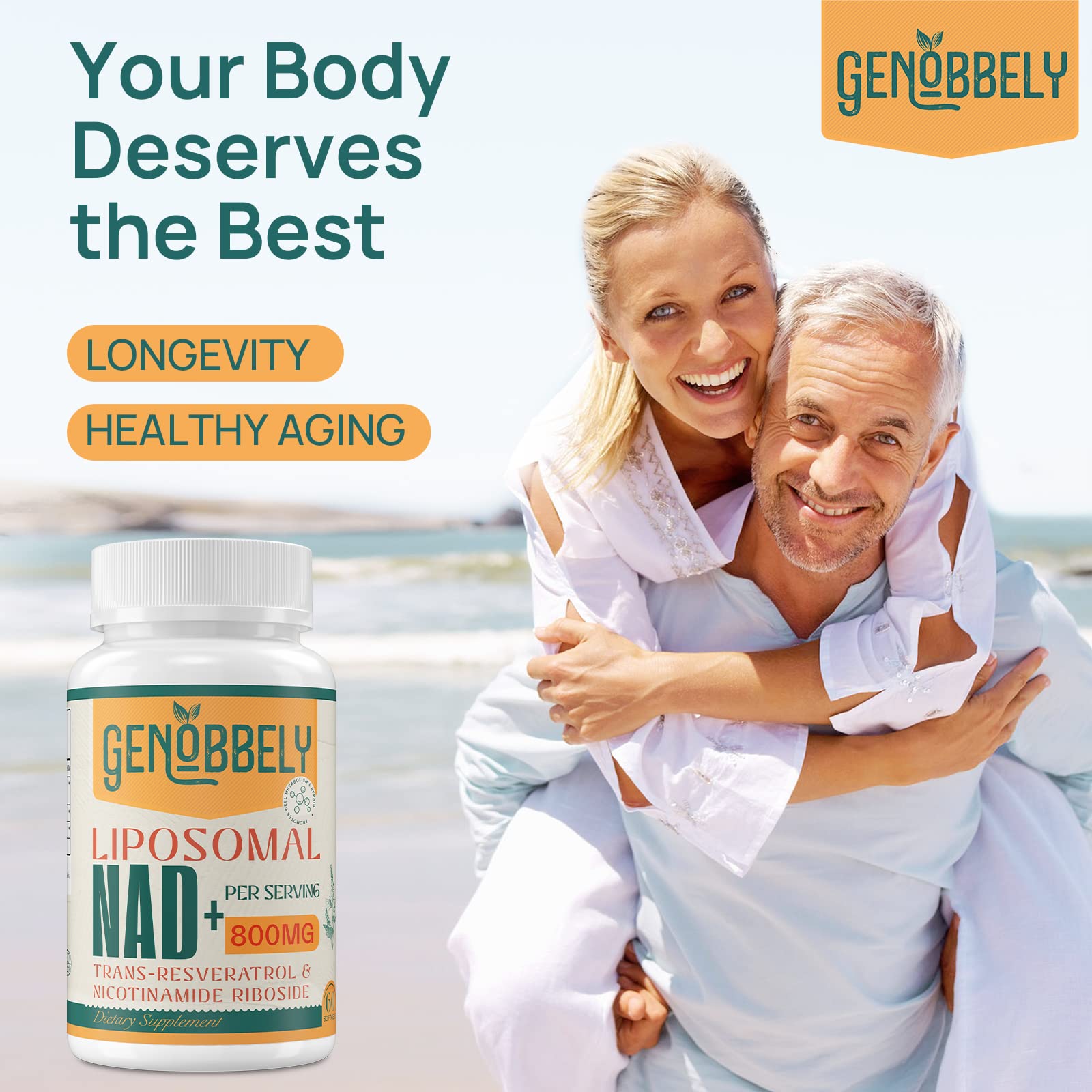 GENOBBELY 800 mg Liposomal NAD+ Supplement with Nicotinamide Riboside 200 mg, Trans-Resveratrol 100 mg - True NAD Supplement for DNA Repair, Healthy Aging, Brain Function - 60-Day Supply GENOBBELYAu supplements