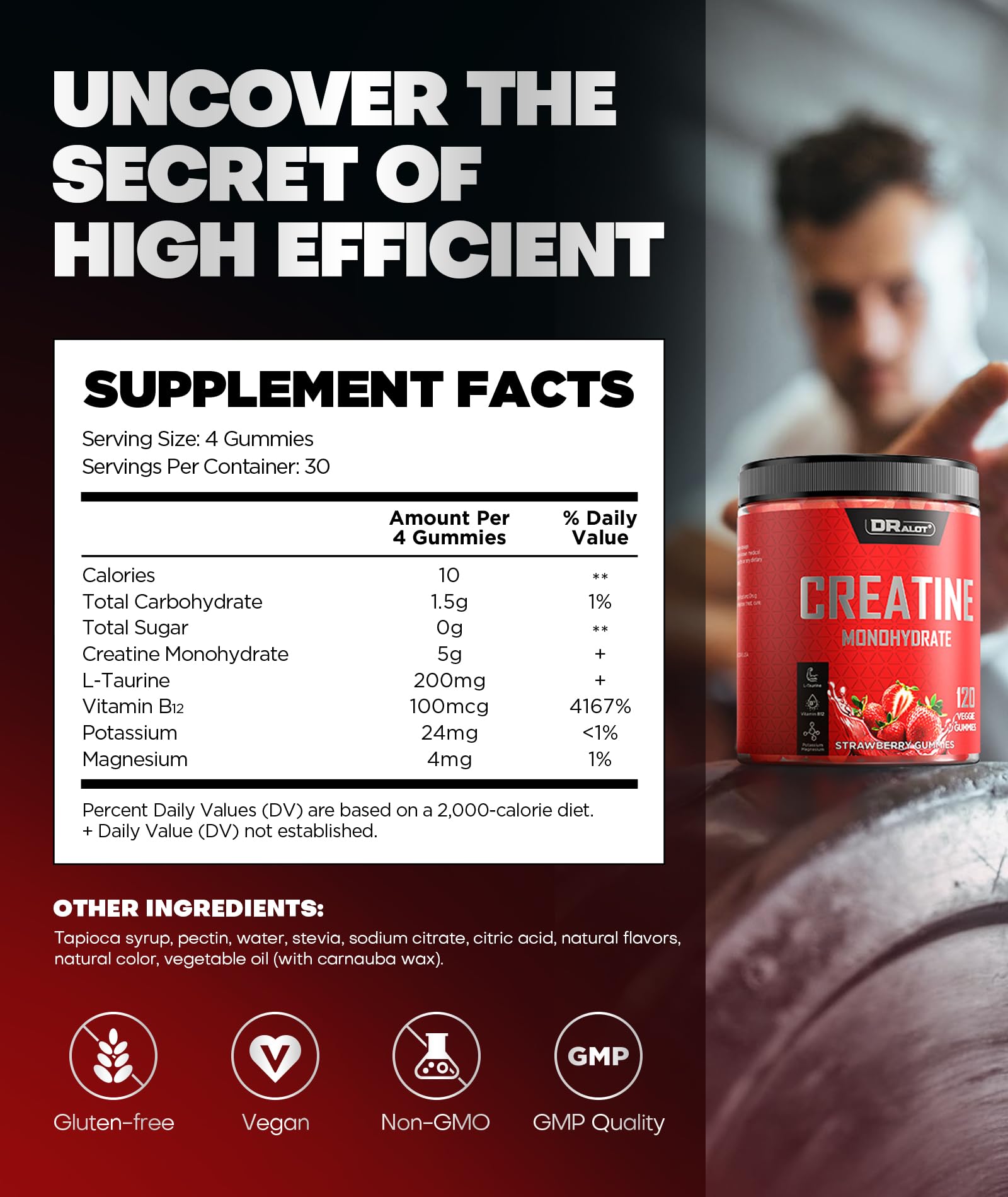 Dralot 99.99% Creatine Monohydrate Gummies More 15% Strength, 5X Energy & Muscle Support Pre-Workout Complex Creatine for Women & Men with 5000mg Creatine, L-Taurine, B12, Mg & K, 0 Sugar, Vegan DralotAu supplements