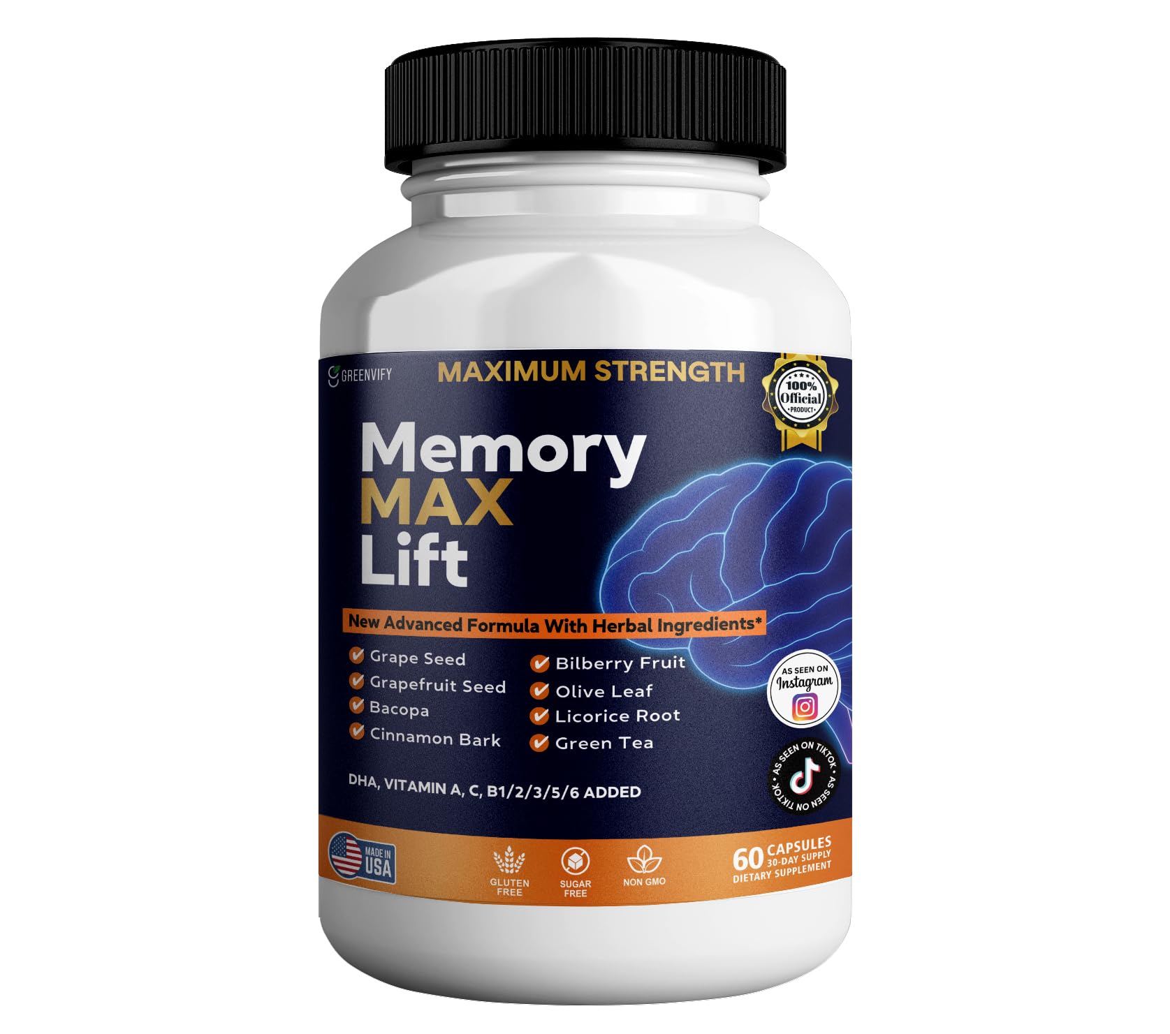 GREENVIFY Memory MAX Lift Brain Support Supplement, 60 Capsules, with Vitamins and Herbal Blend, 30 Day Supply (1) GREENVIFYAu supplements