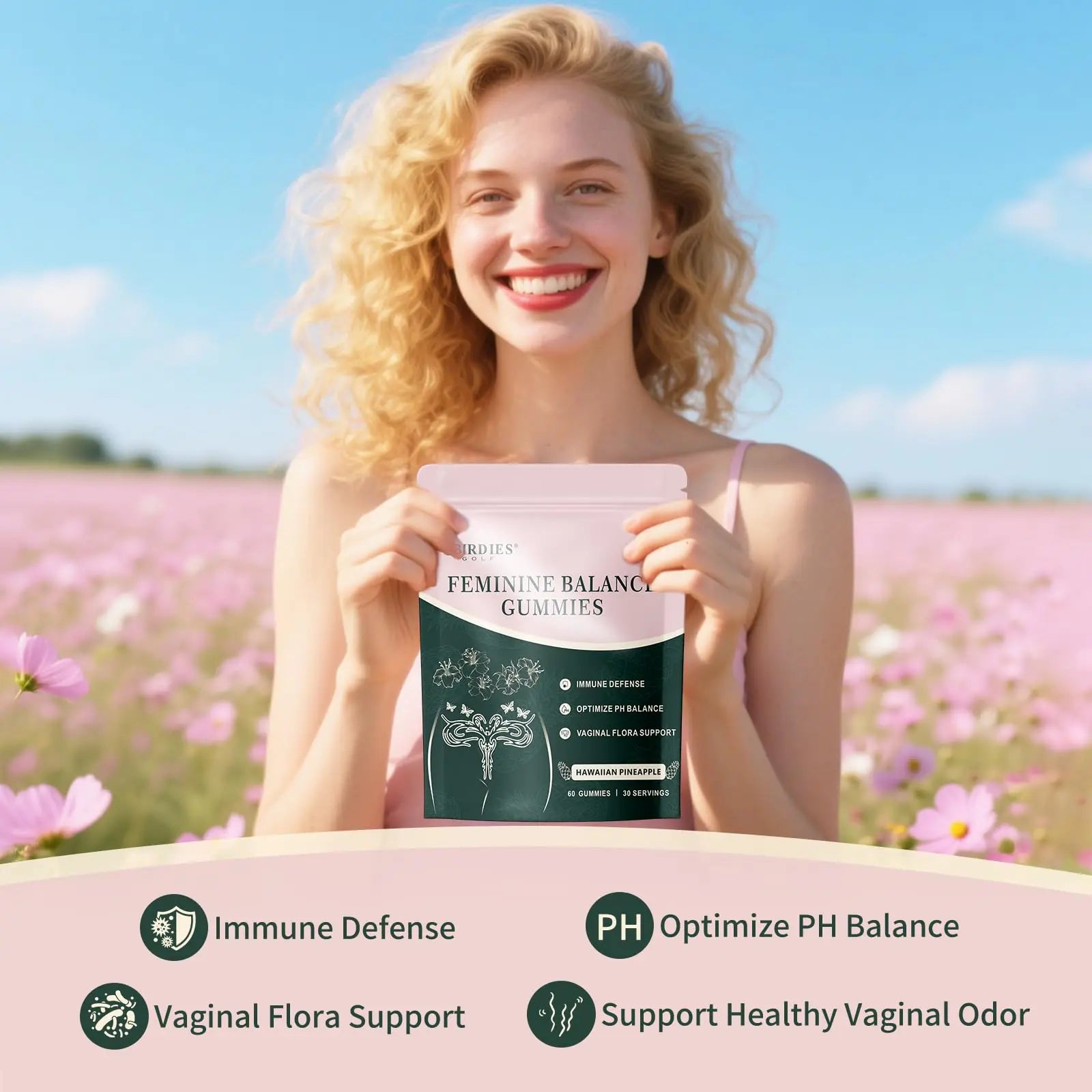 4 BIRDIES GOLF Premium Feminine Balance Gummies for Women's Health, Hawaiian Pineapple Gummies for Women Vaginal Probiotic & pH Balance Support - Vegan - Healthy Odor - Gluten-Free - 60 Count 4 BIRDIES GOLFnz supplements