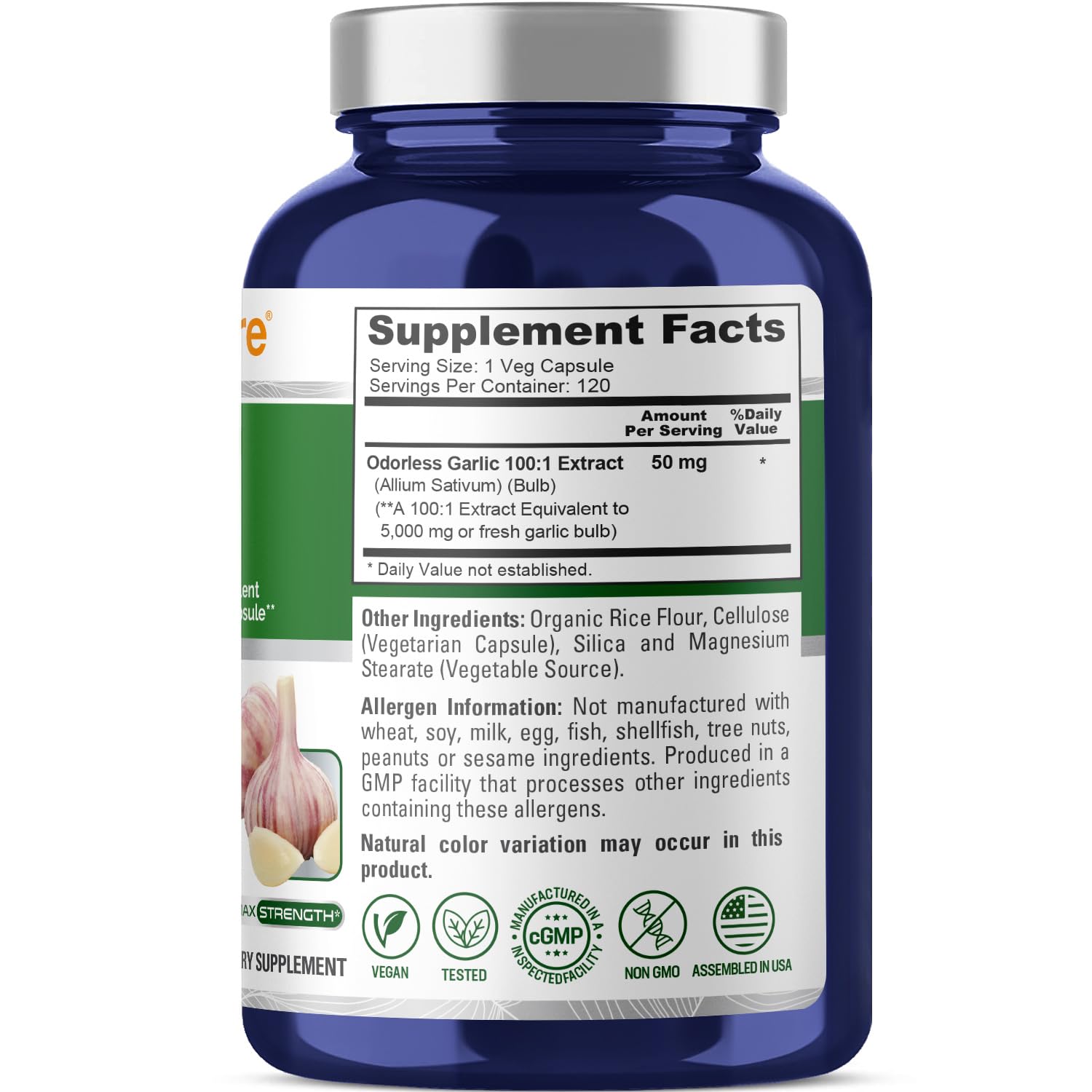 NusaPure Odorless Garlic 100:1 Extract, 50 mg Equivalent to 5000mg Capsule | 120 Veggie Caps | High Potency | Herbal Supplement | Non-GMO | Vegan NusaPureAu supplements