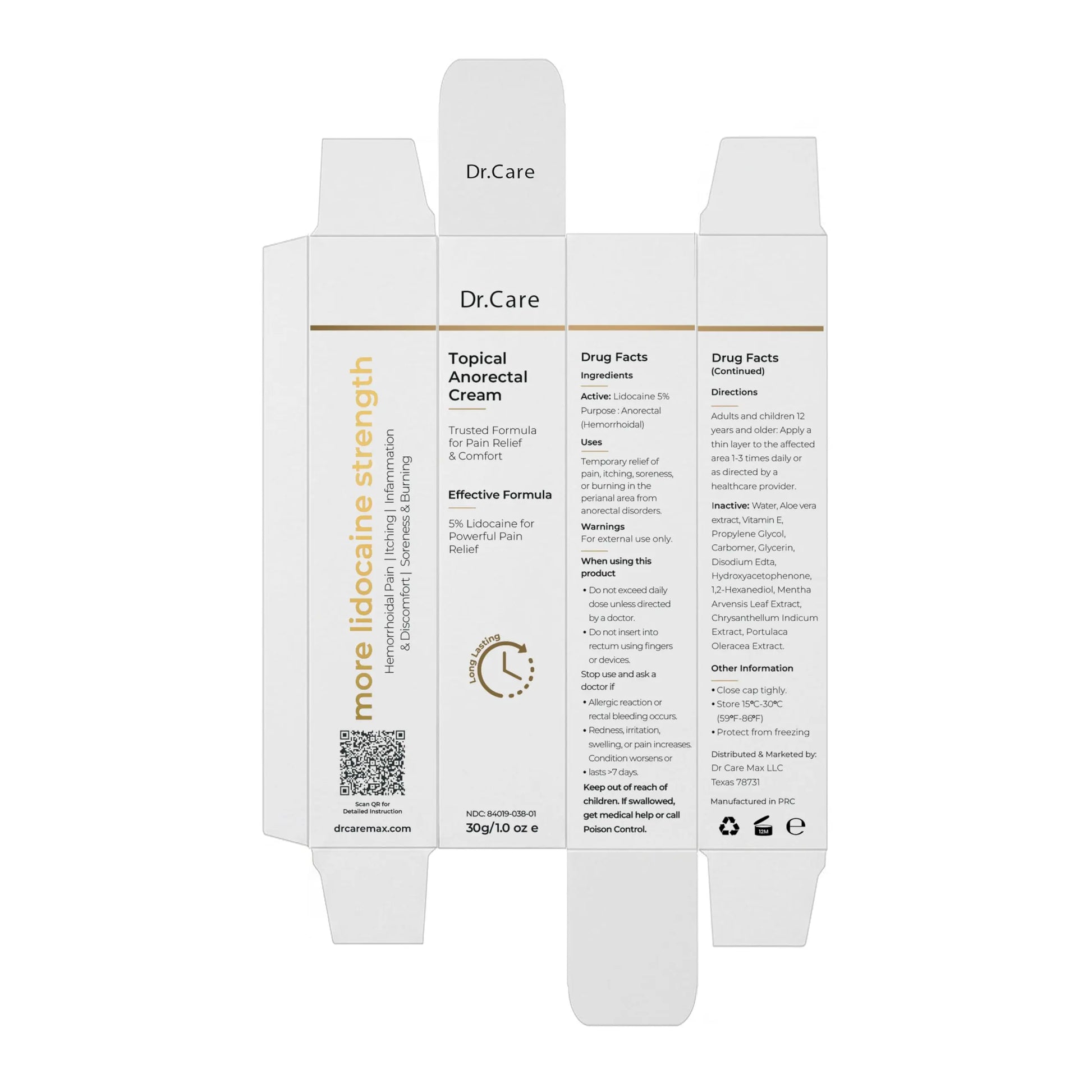 Dr Care Anorectal Cream with 5% Lidocaine - Maximum Strength Topical Anesthetic for Hemorrhoid Relief, Itching, & Burning (1.0 oz) Dr CareAu supplements