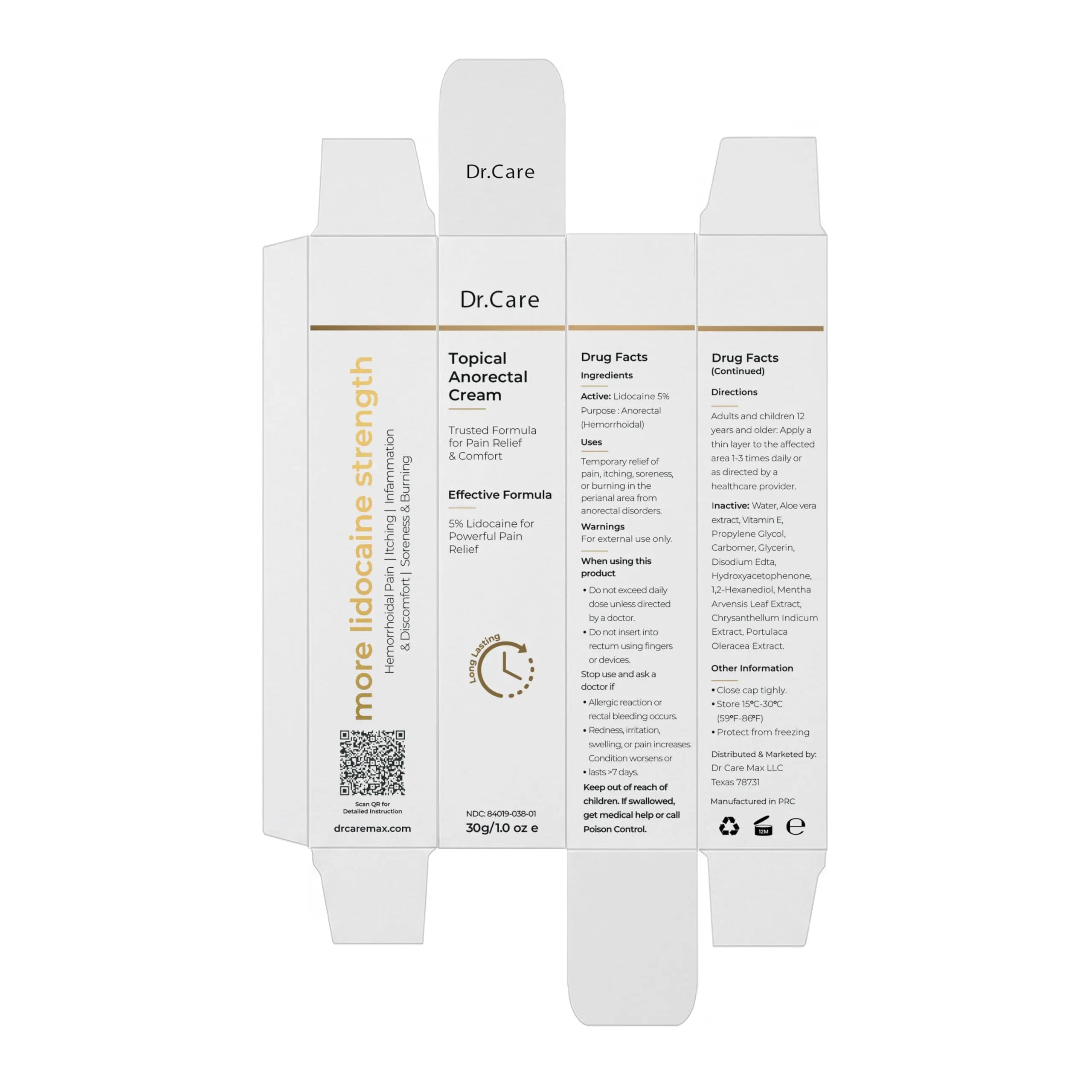 Dr Care Anorectal Cream with 5% Lidocaine - Maximum Strength Topical Anesthetic for Hemorrhoid Relief, Itching, & Burning (1.0 oz) Dr CareAu supplements