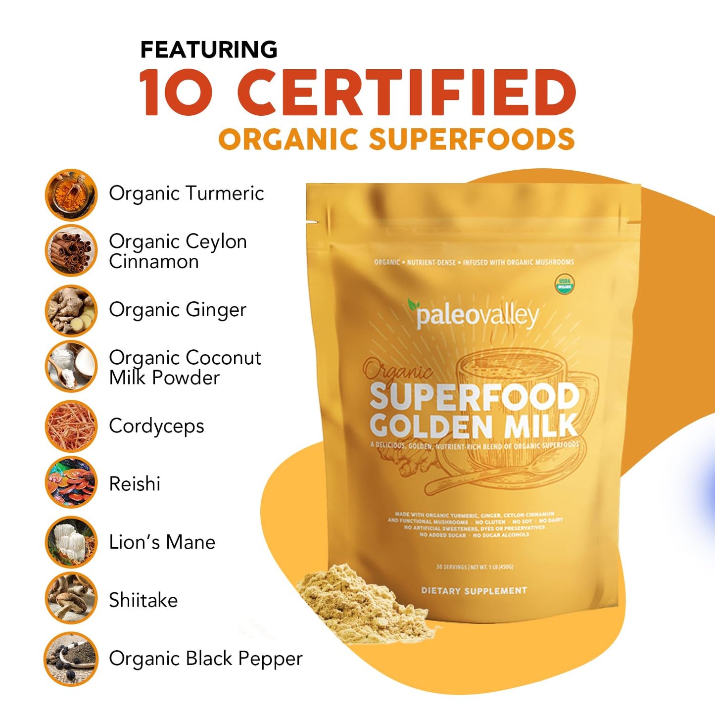 Paleovalley Organic Superfood Golden Milk - Immune, Focus, Cognitive, Longevity - Turmeric, MCT-Rich Coconut Milk, Functional Mushrooms, 30 Servings PaleovalleyUS supplements