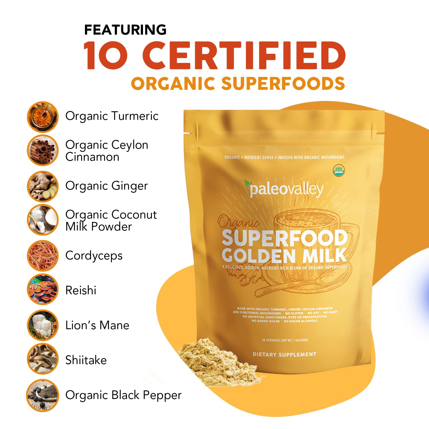 Paleovalley Organic Superfood Golden Milk - Immune, Focus, Cognitive, Longevity - Turmeric, MCT-Rich Coconut Milk, Functional Mushrooms, 30 Servings PaleovalleyUS supplements