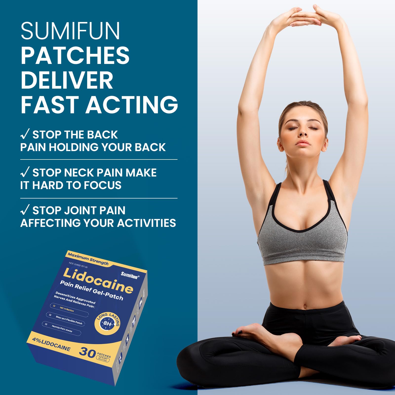 Sumifun 4% Lidocaine Pain Relief Patches 30 Count Maximum Strength Numbing Gel Patch for Back Knee Neck Joint Ache Muscle Soreness Topical Analgesic SumifunAu supplements