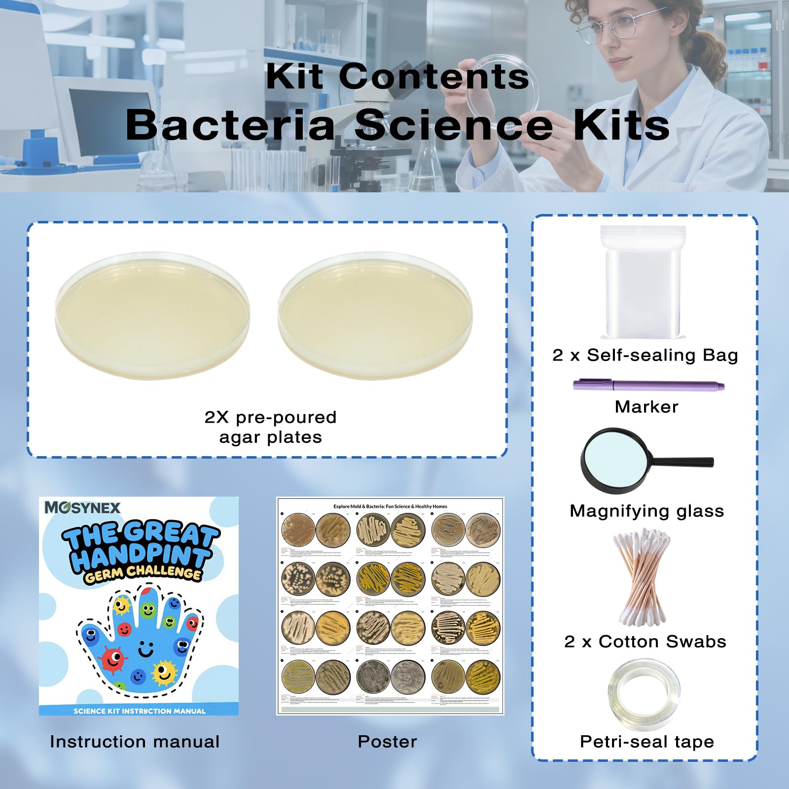 Giant Microbiology Bacteria Science Kit for Kids:2 XL 150mm Prepoured Nutrient Agar Plates, Petri Dishes with Agar & Colony Characteristics Poster for School Projects & Educational Gifts MosynexAu supplements