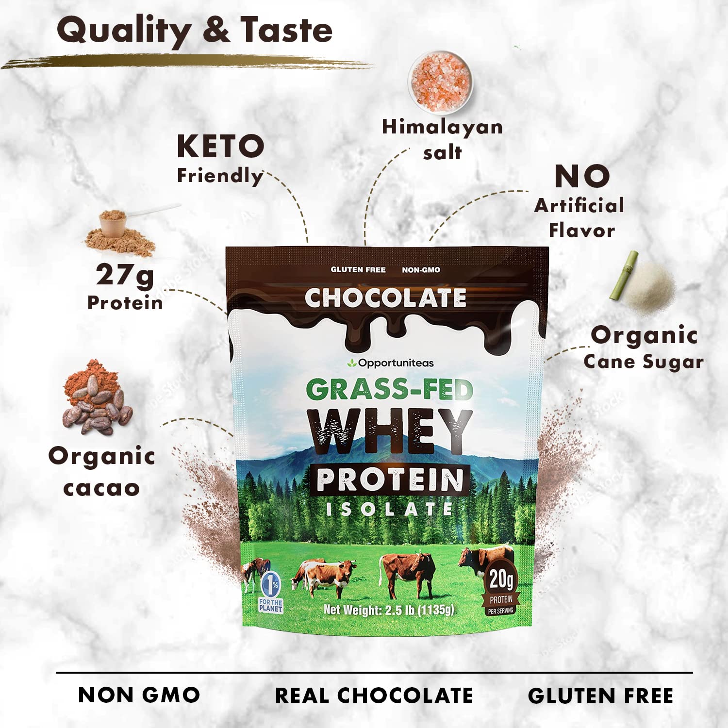 Opportuniteas Chocolate Whey Protein Powder - Grass Fed Whey Isolate + Organic Cacao OpportuniteasUS supplements