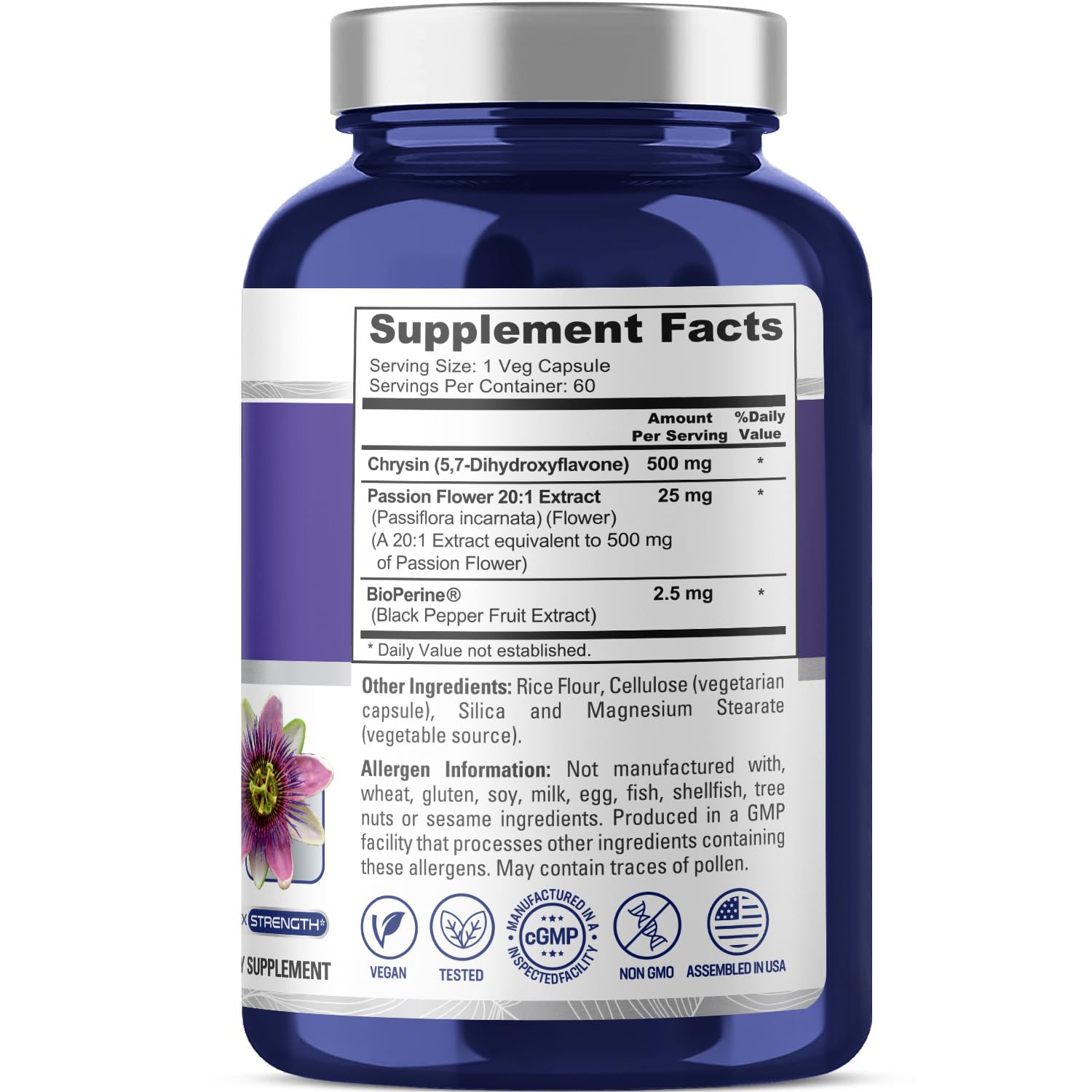 NusaPure Chrysin 500mg, 60 Veggie Capsules | Passion Flower Complex 500mg Supplement | 5, 7-Dihydroxyflavone | Concentrated Extract | Non-GMO, BioPerine & Vegan NusaPureAu supplements