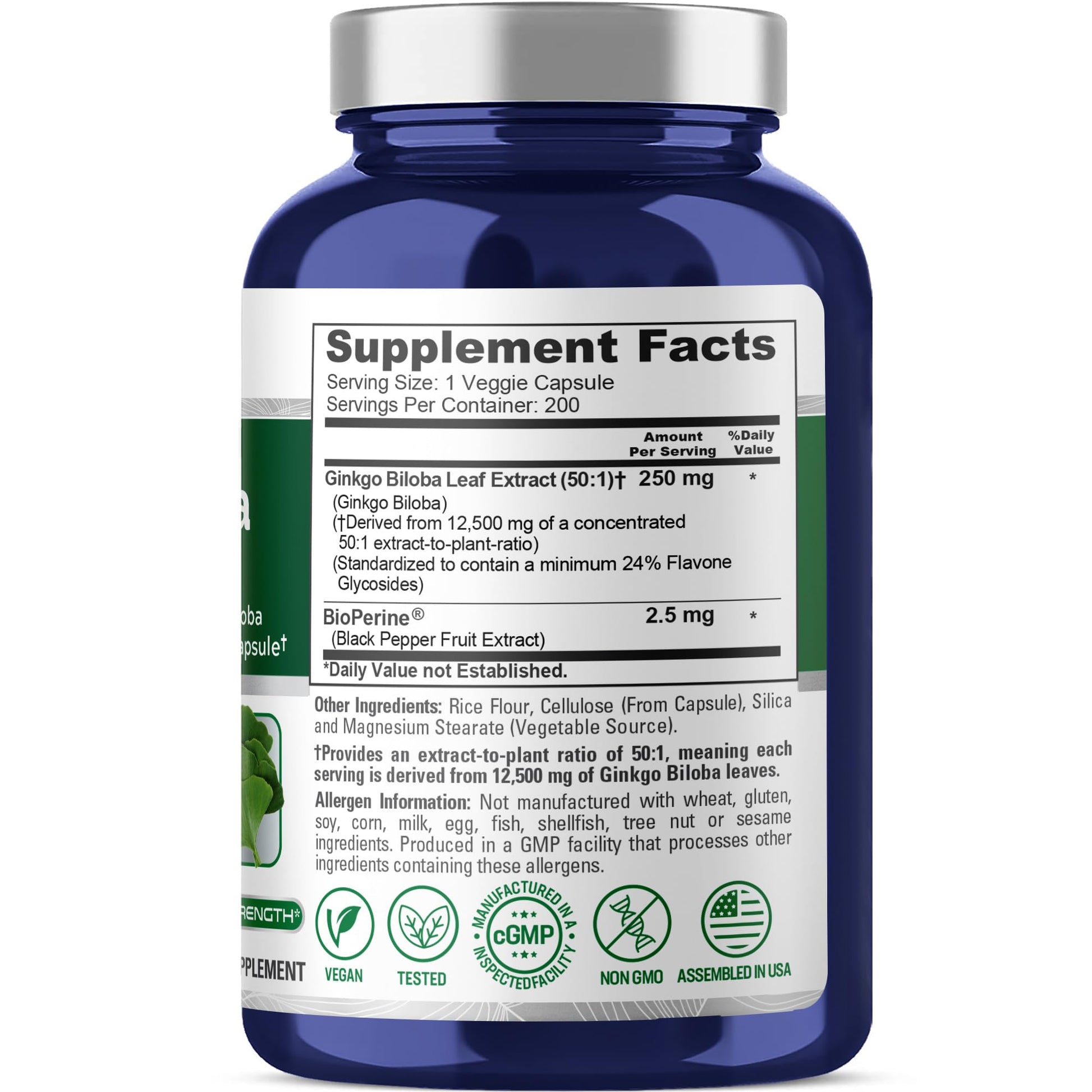 NusaPure Ginkgo Biloba 50:1 Extract, 250 mg Equivalent to 12,500 mg per Veggie Caps 200 Capsules (Vegetarian, Non-GMO, Vegan) Bioperine NusaPureAu supplements