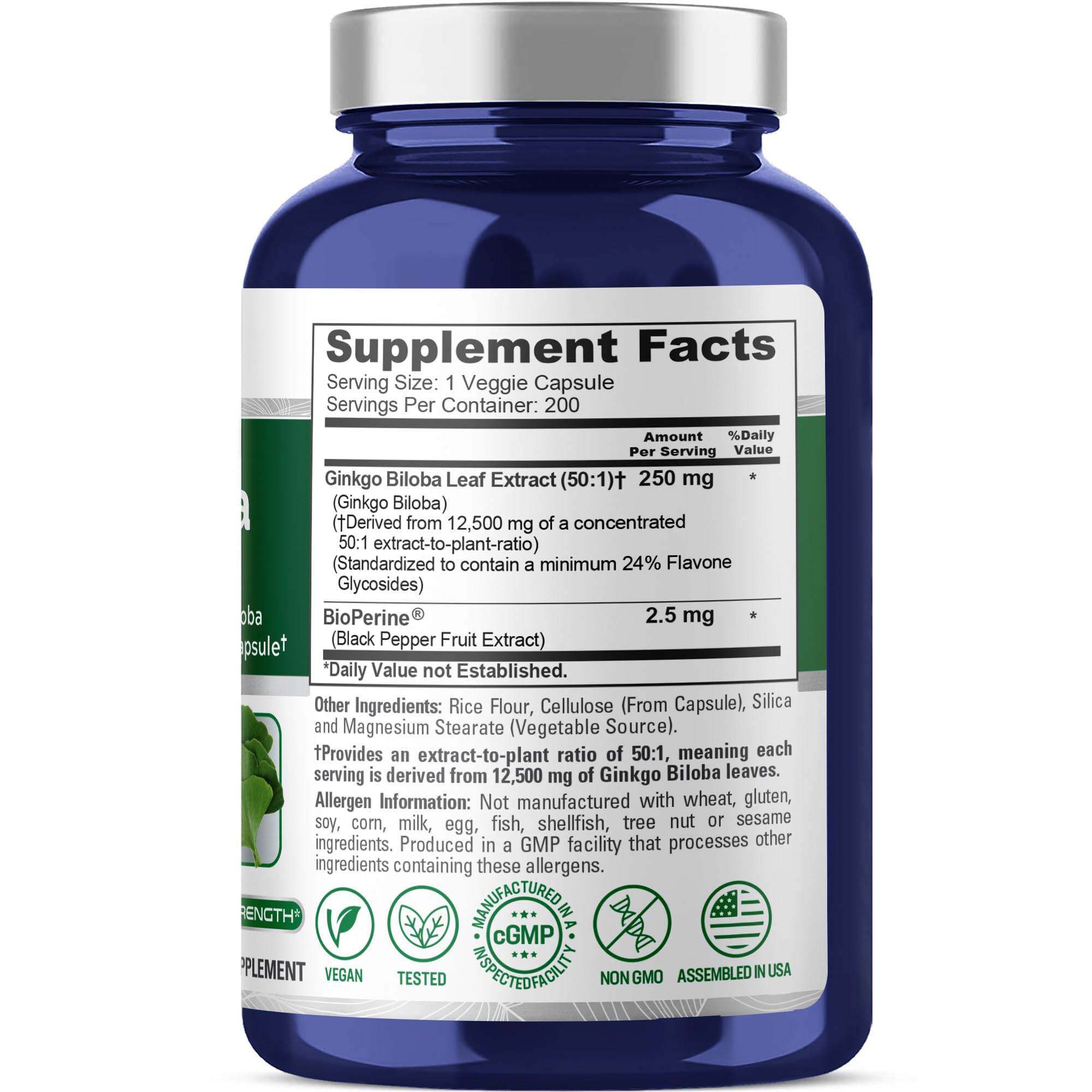 NusaPure Ginkgo Biloba 50:1 Extract, 250 mg Equivalent to 12,500 mg per Veggie Caps 200 Capsules (Vegetarian, Non-GMO, Vegan) Bioperine NusaPureAu supplements