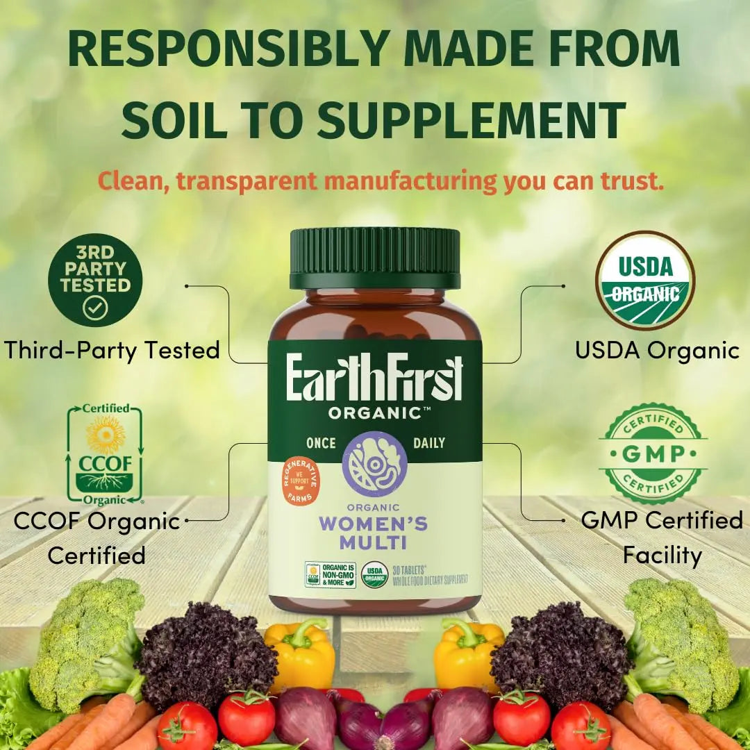 EarthFirst Organic Women’s Multi Once Daily, Women's Multivitamin, Iron, Vitamin B12 & More, 19 Vitamins from Herbs & Superfoods, 30 Count EarthFirst Organicnz supplements
