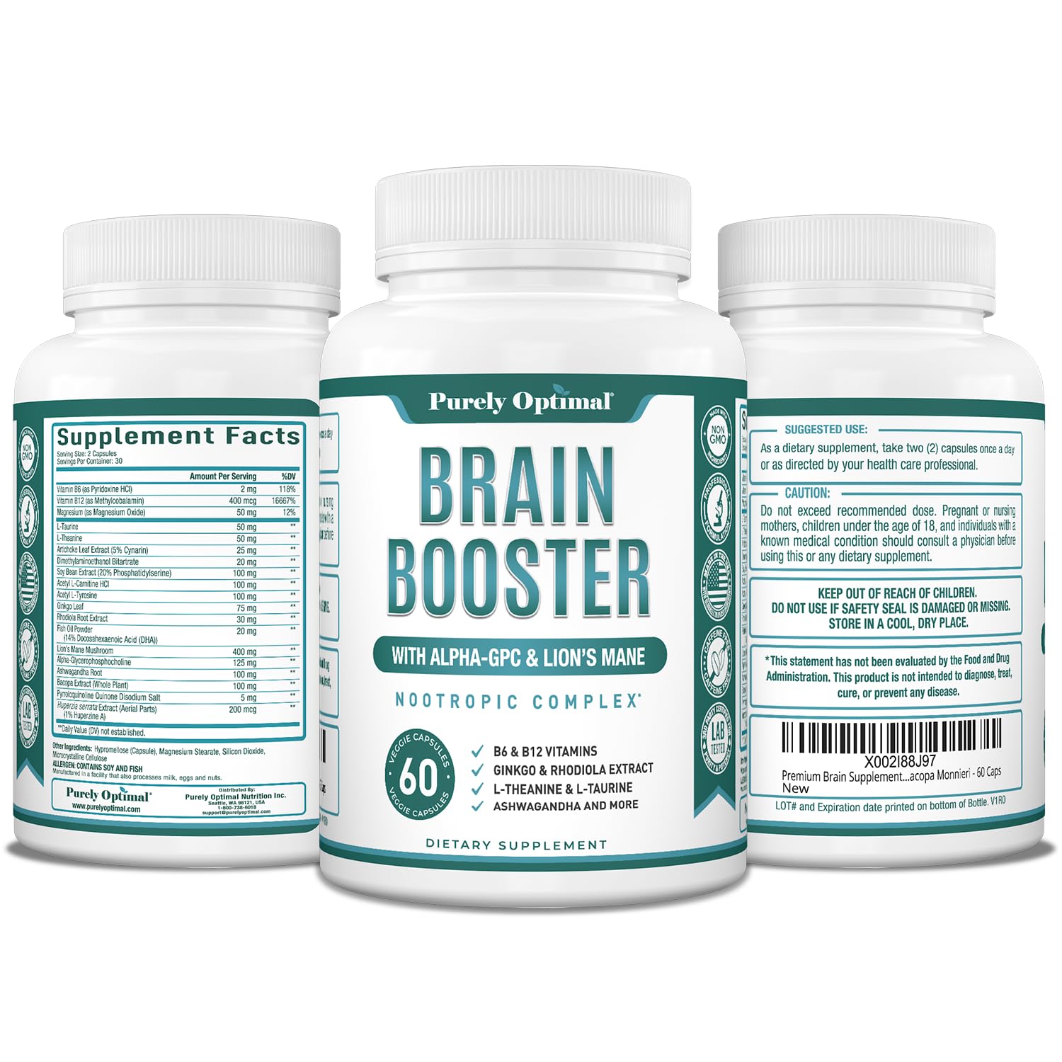 Purely Optimal Brain Booster Nootropic Supplement – Brain Support for Memory, Focus, Clarity, Jitter-Free Energy for Adults, Seniors– with Ginkgo Biloba, Alpha GPC, Lion’s Mane – 60 Capsules Purely OptimalAu supplements