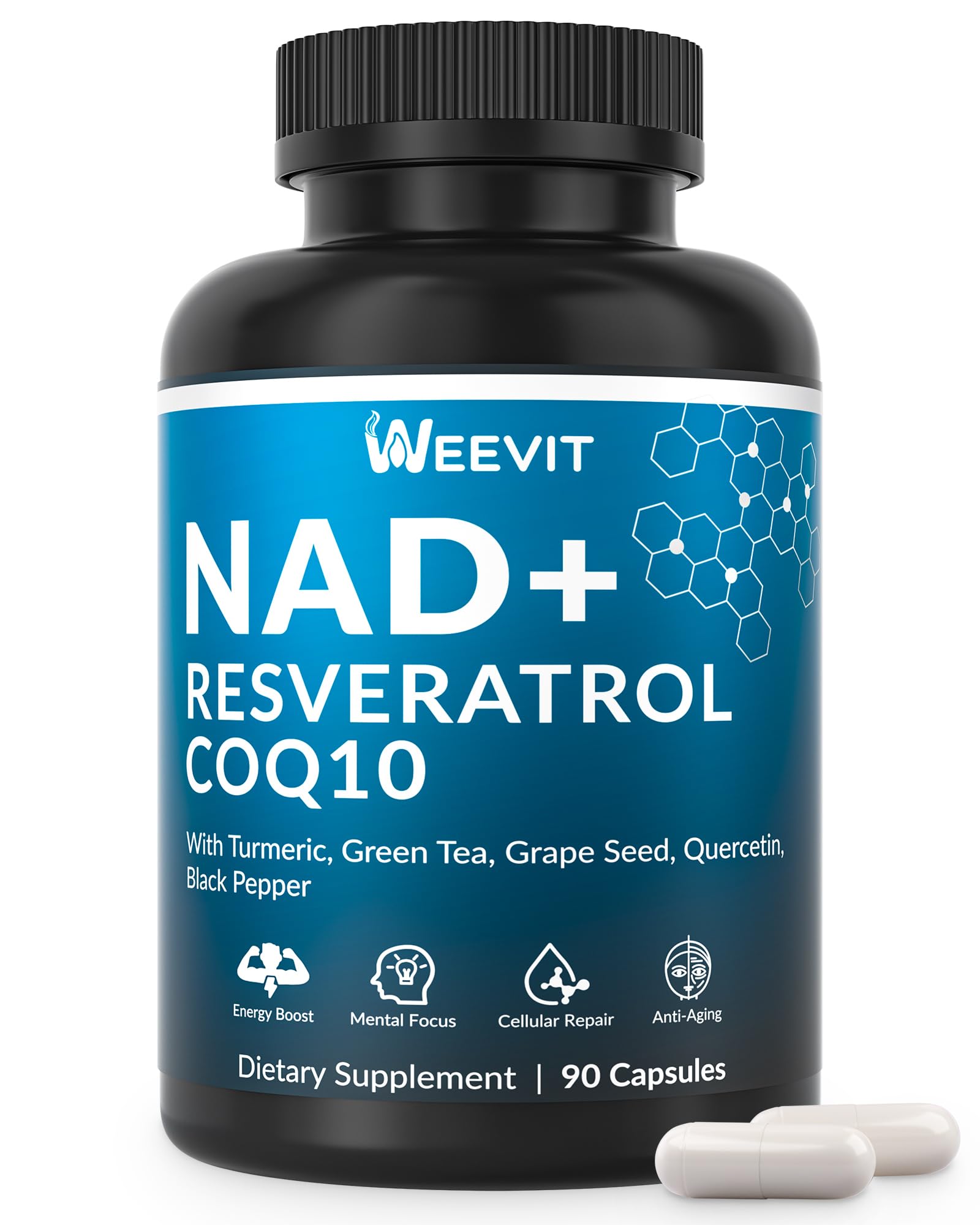 WEEVIT NAD+ Resveratrol Supplement with COQ10, Quercetin, Turmeric, NAD+ Supplement for Men and Women - Energy, Focus & Anti-Aging Support - Gluten Free, Non-GMO WEEVITAu supplements
