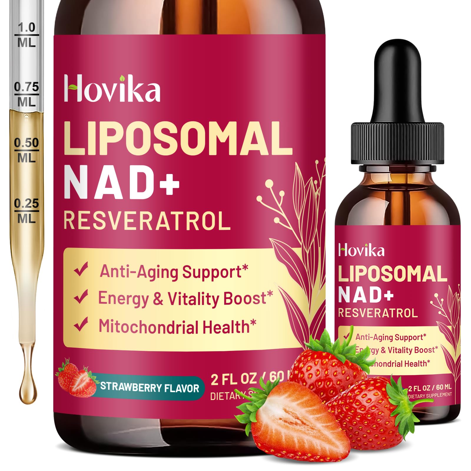 Liposomal NAD Supplement - 1200mg NAD+ Liquid Drops for Women & Men with Resveratrol, Black Pepper Extract - Support Anti-Aging, Brain & Cellular Mitochondrial Health - 2 Fl Oz, Strawberry Flavor HovikaAu supplements