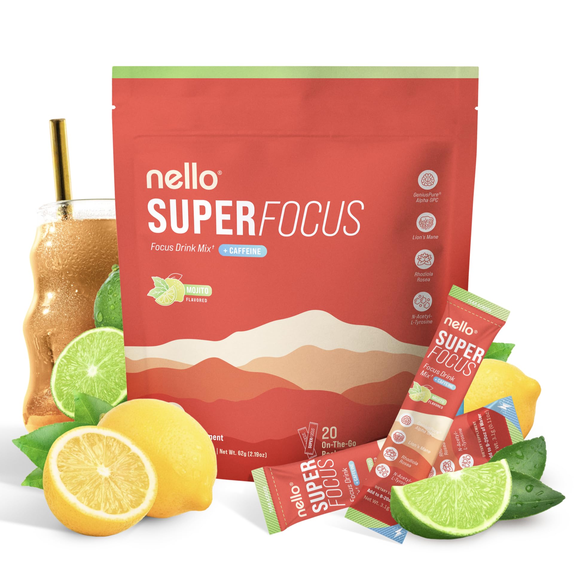 Nello Superfocus Mojito with Caffeine Nootropic Focus Drink Mix, 20 On-The-Go Packets, Alpha GPC, Lions Mane, Rhodiola, Sugar-Free NelloAu supplements