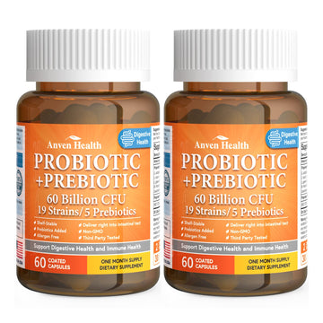 Anven Health 60 Billion Probiotics for Women and Men 19 Strains 5 Organic Prebiotics for Gut Digestive & Immune Health, Supports Diarrhea Gas Bloating, Vegan Probiotic Supplement Formula丨120 Caps Anven HealthAu supplements