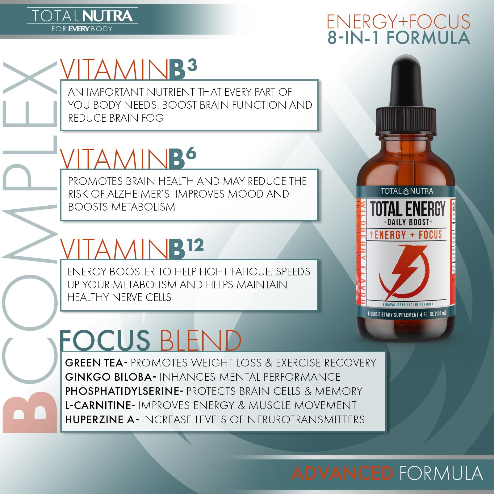 Extra Strength Vitamin B Complex Drops- B Vitamins B12, B6, B3- Vegan and Non GMO Total NutraAu supplements