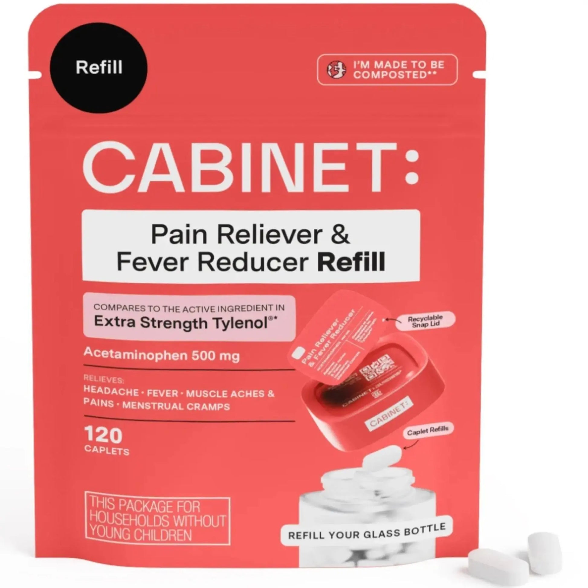Cabinet: 500mg Acetaminophen for Headache Relief, Toothaches, Sore Throat, and Fever Reducer, 120 Tablets (Refill Pouch) Cabinet:Au supplements