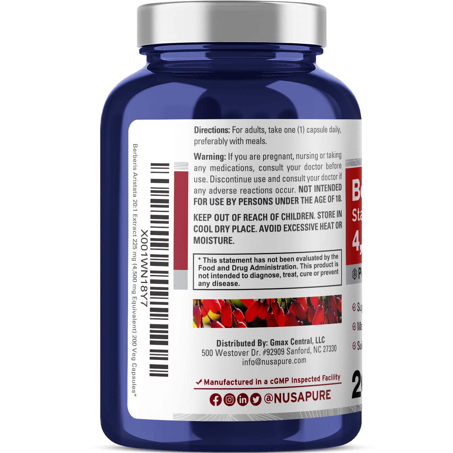 NusaPure Berberine HCI 4500 mg - 200 Veggie Caps - 6 Months Supply - (100% Vegetarian NusaPureAu supplements