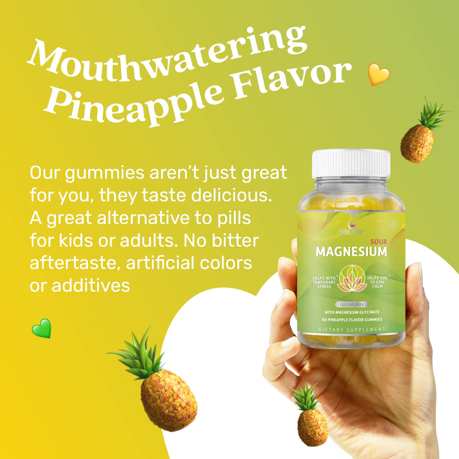 BeLive Magnesium Gummies 200mg - 60 Ct | Magnesium Glycinate Supplements for Relaxation, Stress Relief, and Sleep for Adults & Kids - Tasty and Tangy Pineapple Flavor BeLiveAu supplements