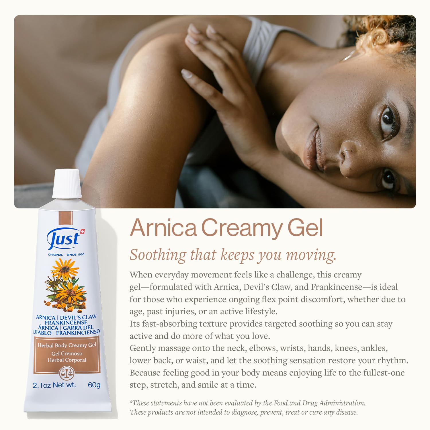 Swiss Just Arnica Gel, Arnica Creamy Gel 60g. Arnica Cream w/Devils Claw & Frankincense Oil. A Gentle Massage Cream on Wrists, Fingers, Knees, Ankles, Joints, Waist, Neck, and Back. SwissJustAu supplements