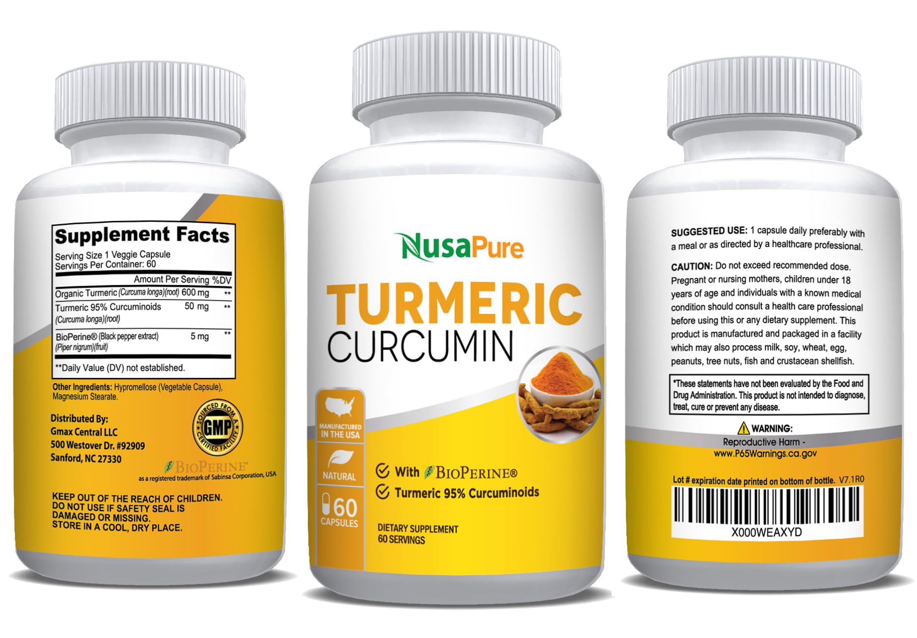 NusaPure Turmeric Curcumin 600 mg 60 Capsules Turmeric 95% Curcuminoids Dietary Supplement NusaPureAu supplements