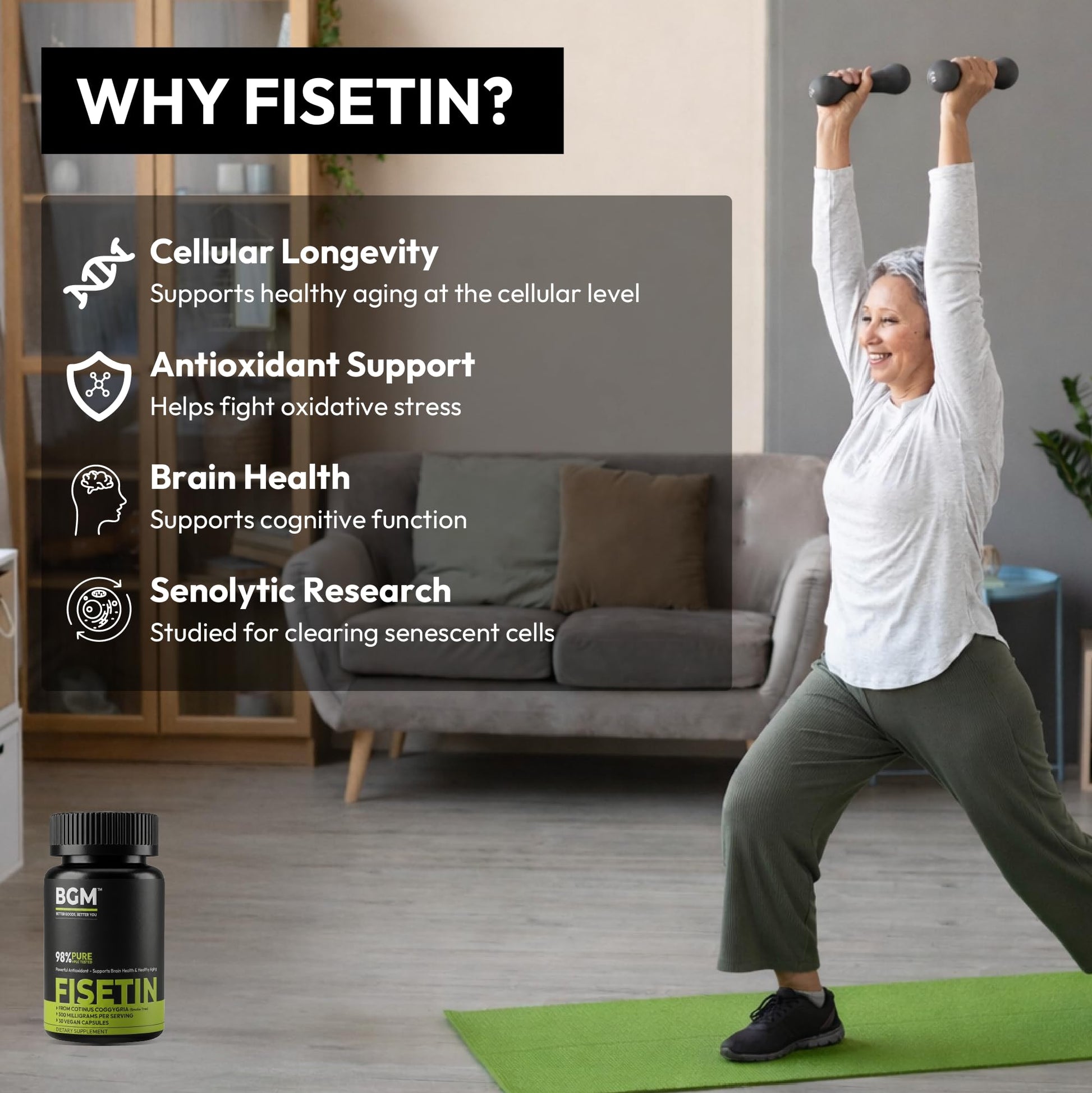BGM Fisetin 500mg Supplement | Smoke Tree Extract (Cotinus coggygria) | 98% Pure Senolytic Antioxidant | Vegan Capsules | Supports Brain Health & Healthy Aging BGM Better Goods, Better YouAu supplements